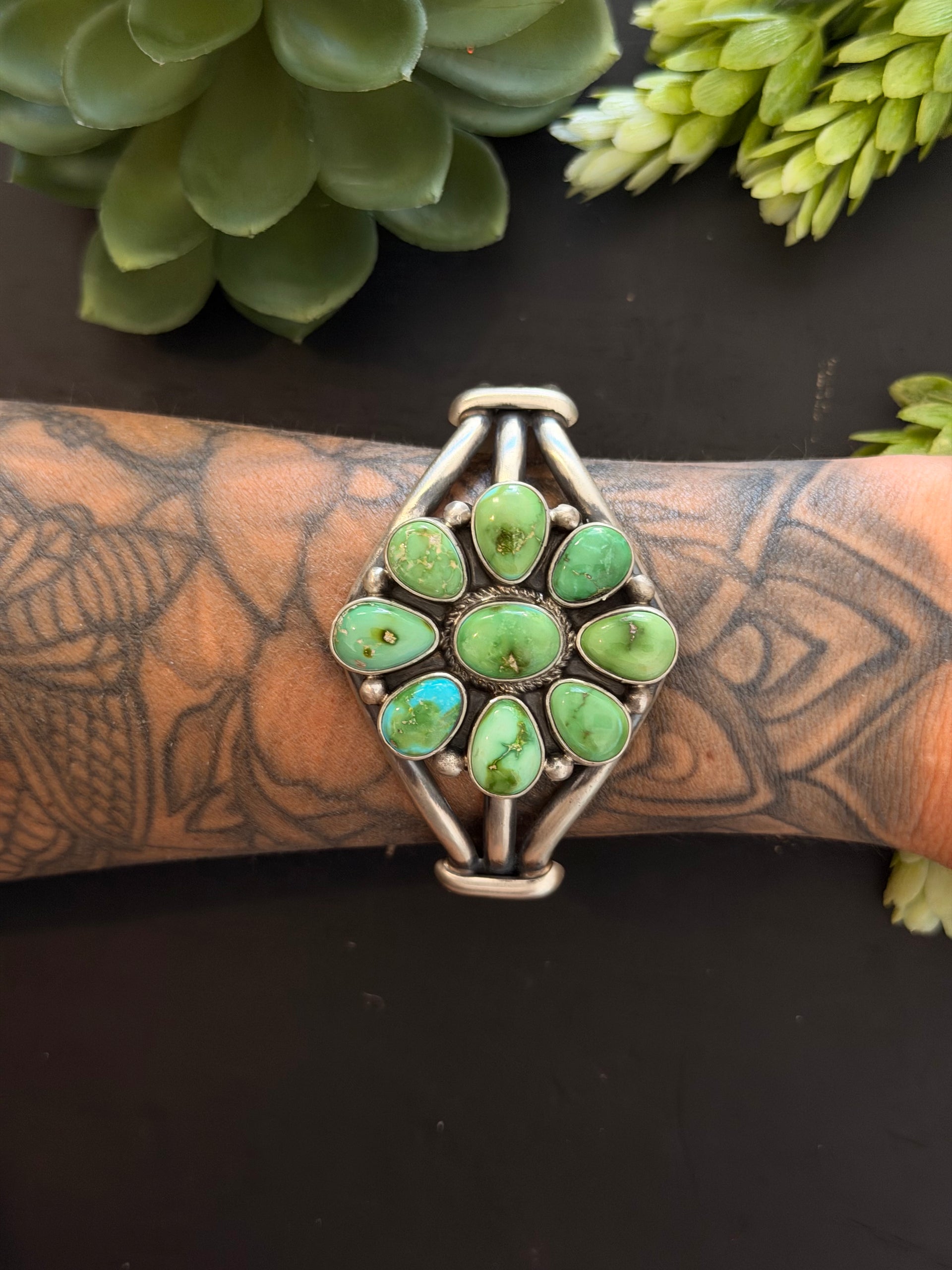 Navajo Made Sonoran Gold Turquoise & Sterling Silver Cluster Cuff Bracelet