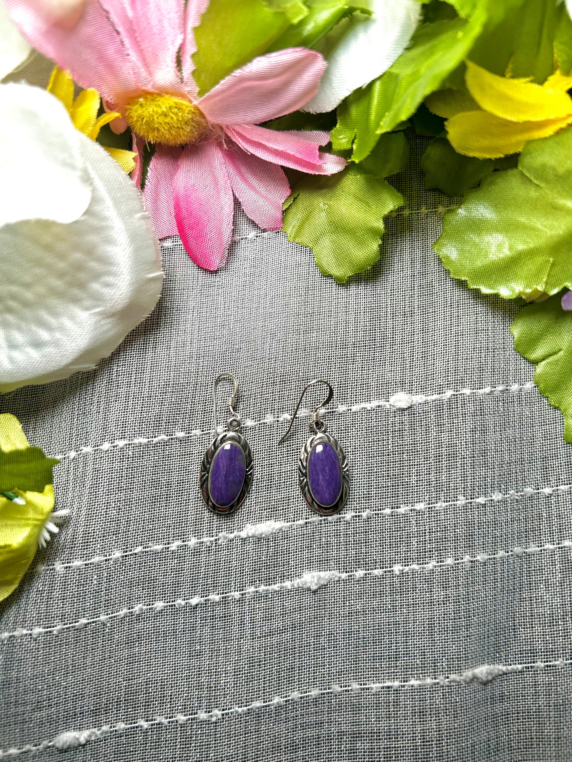 Navajo Made Charoite & Sterling Silver Dangle Earrings