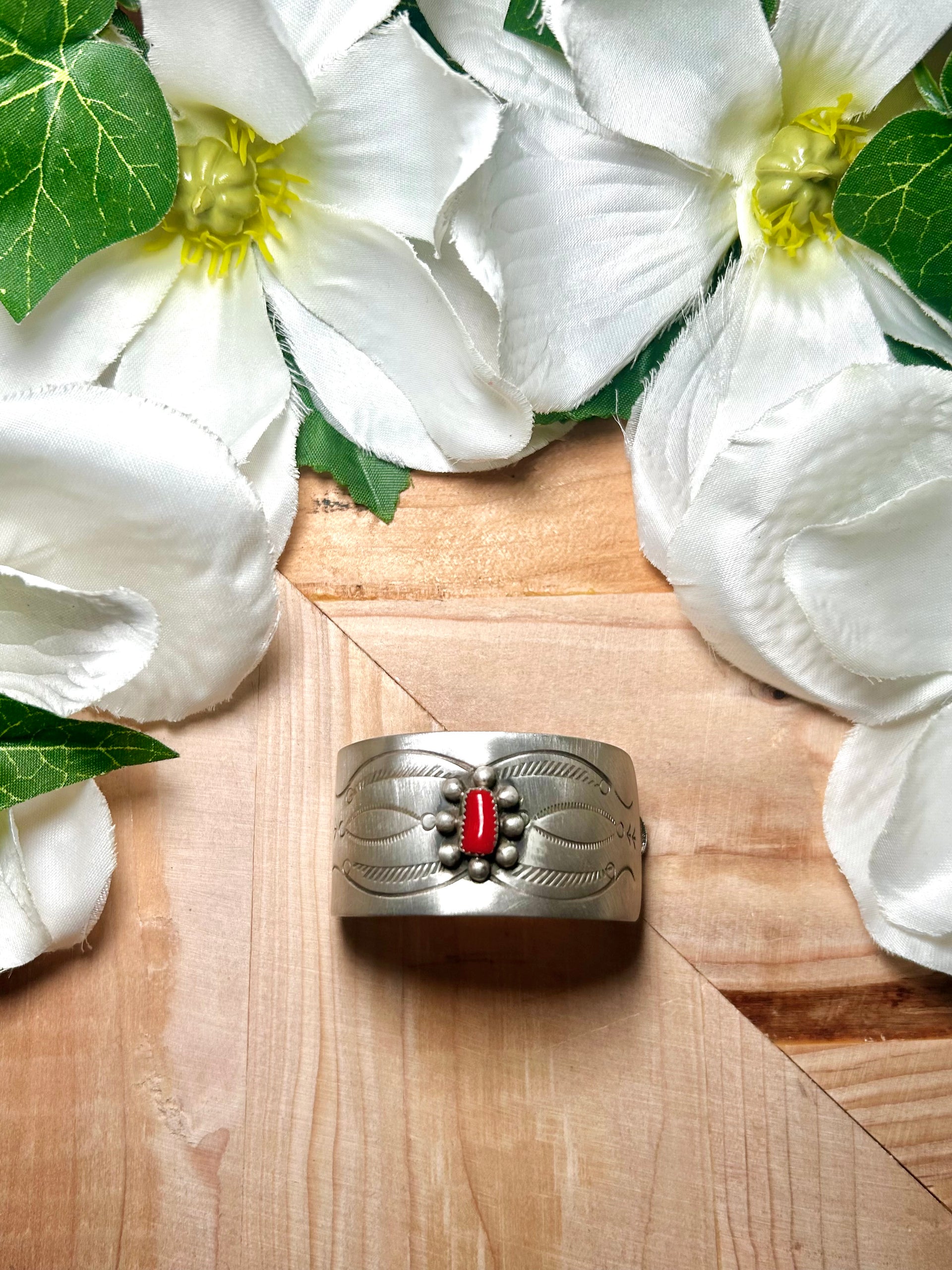 Navajo Made Coral & Sterling Silver Ponytail Holder