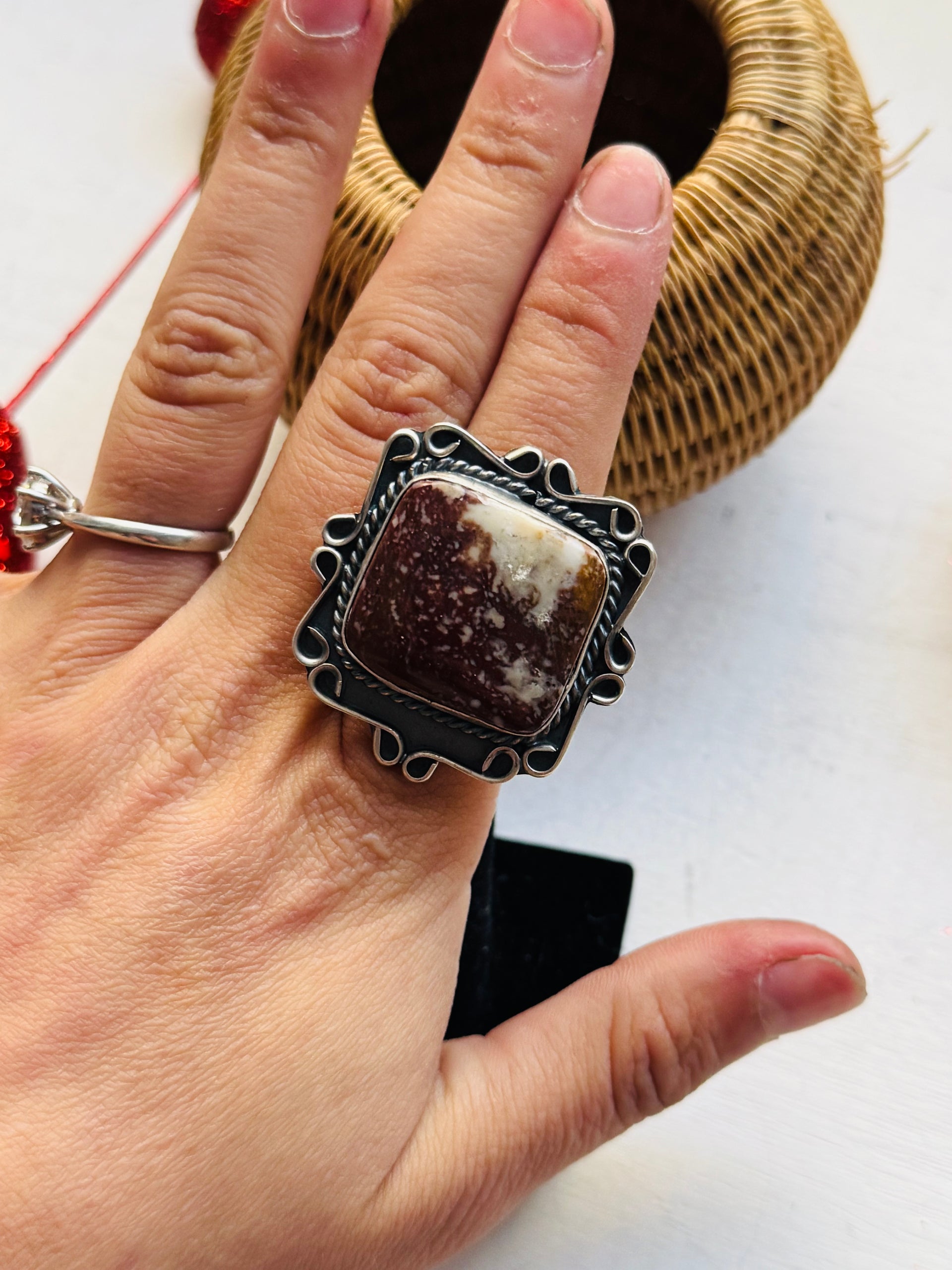 Navajo Made Wild Horse Turquoise & Sterling Silver Ring Size 8.5