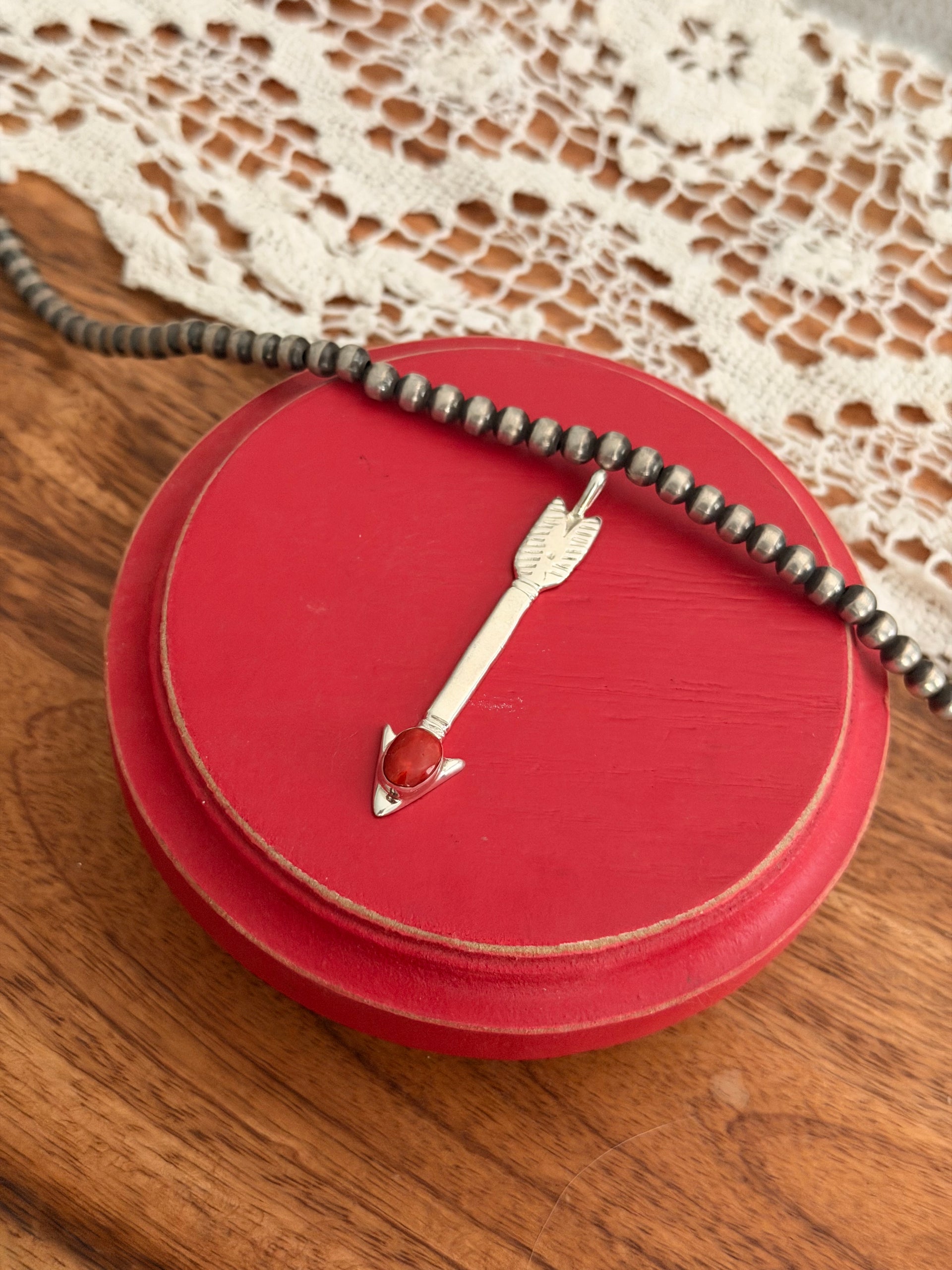 Navajo Made Coral & Sterling Silver Pendant