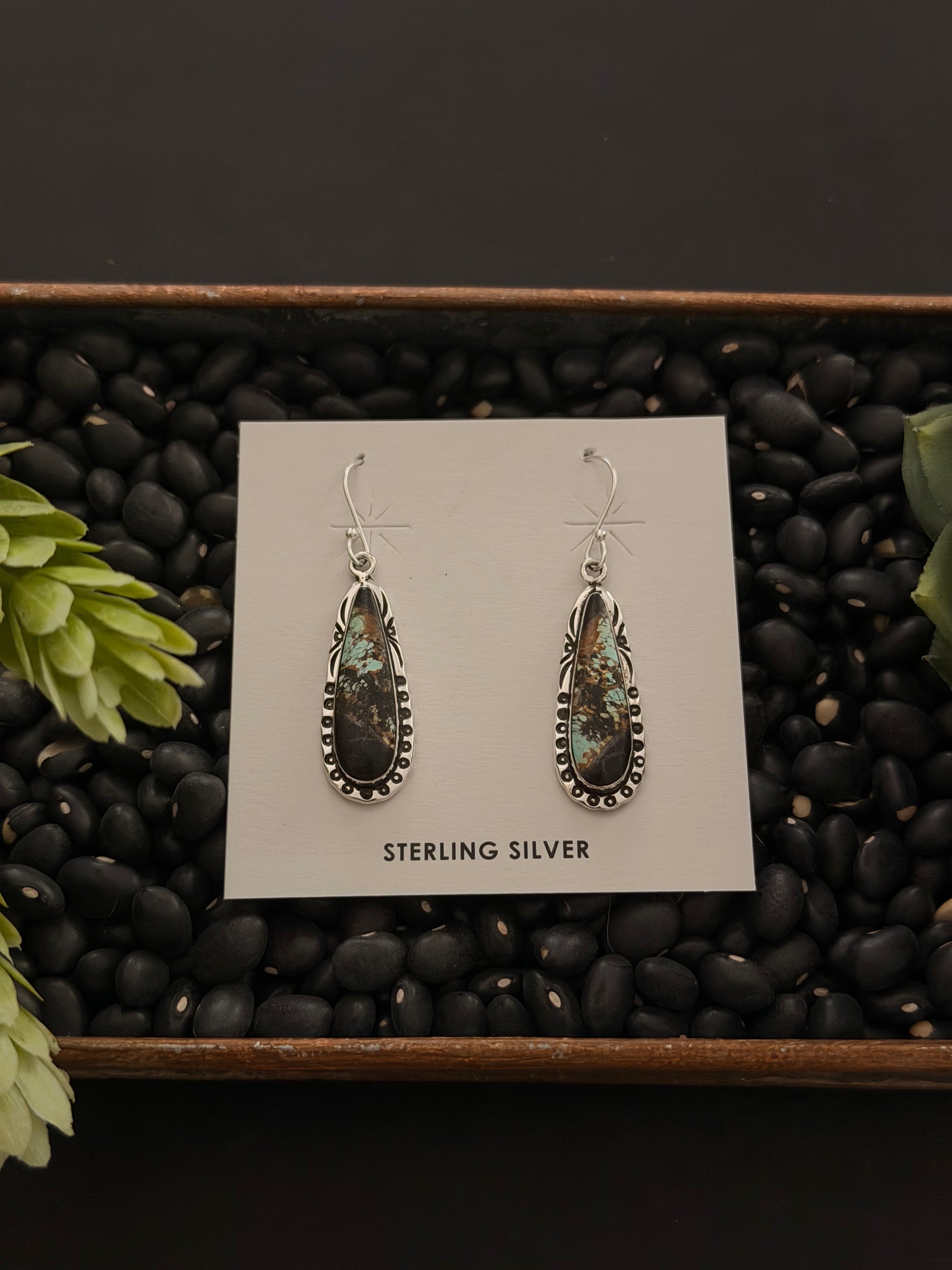 Navajo Made Black Jack Turquoise & Sterling Silver Dangle Earrings
