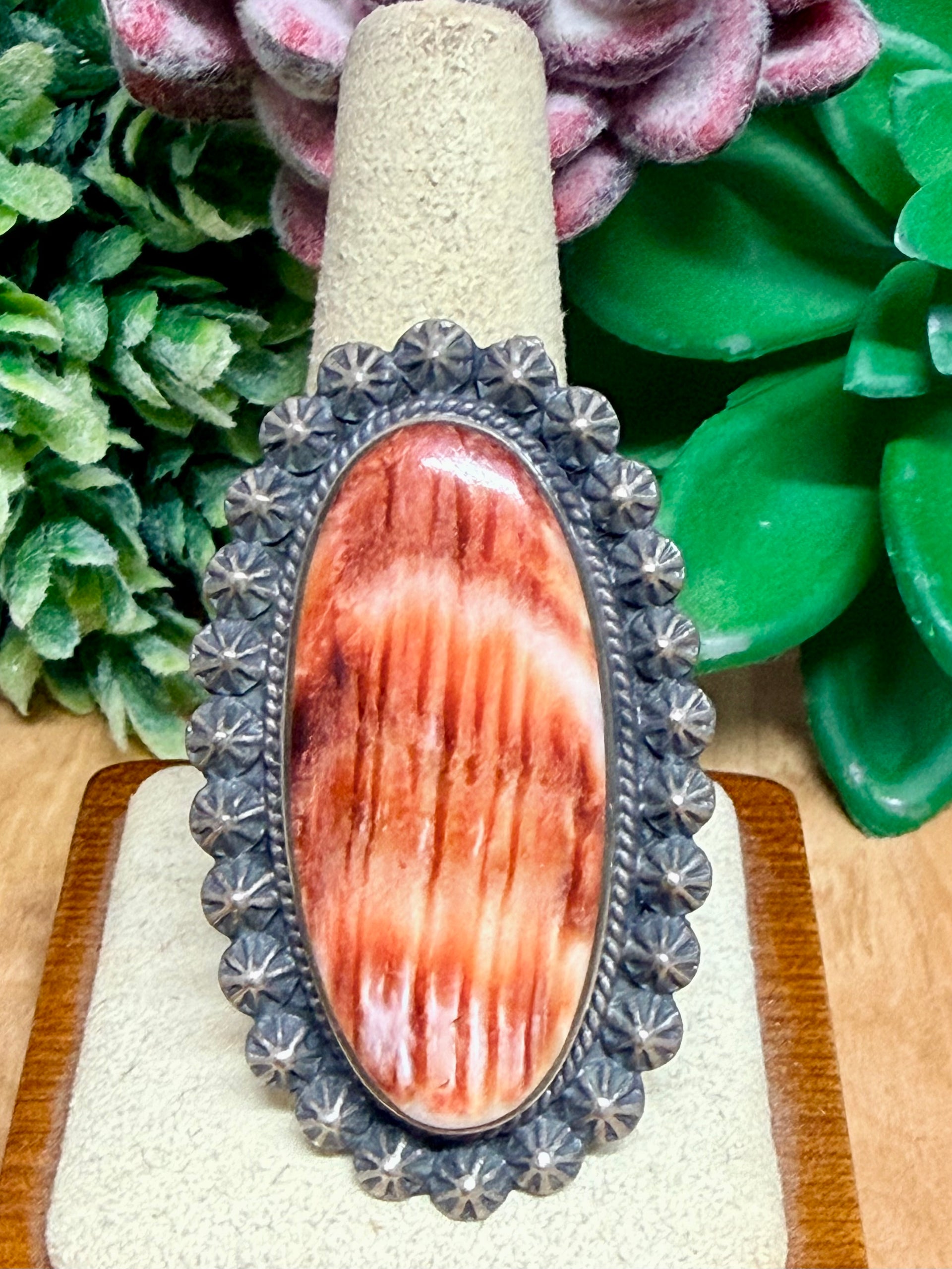 Southwest Handmade Red Spiny Oyster & Sterling Silver Ring Size 10.25