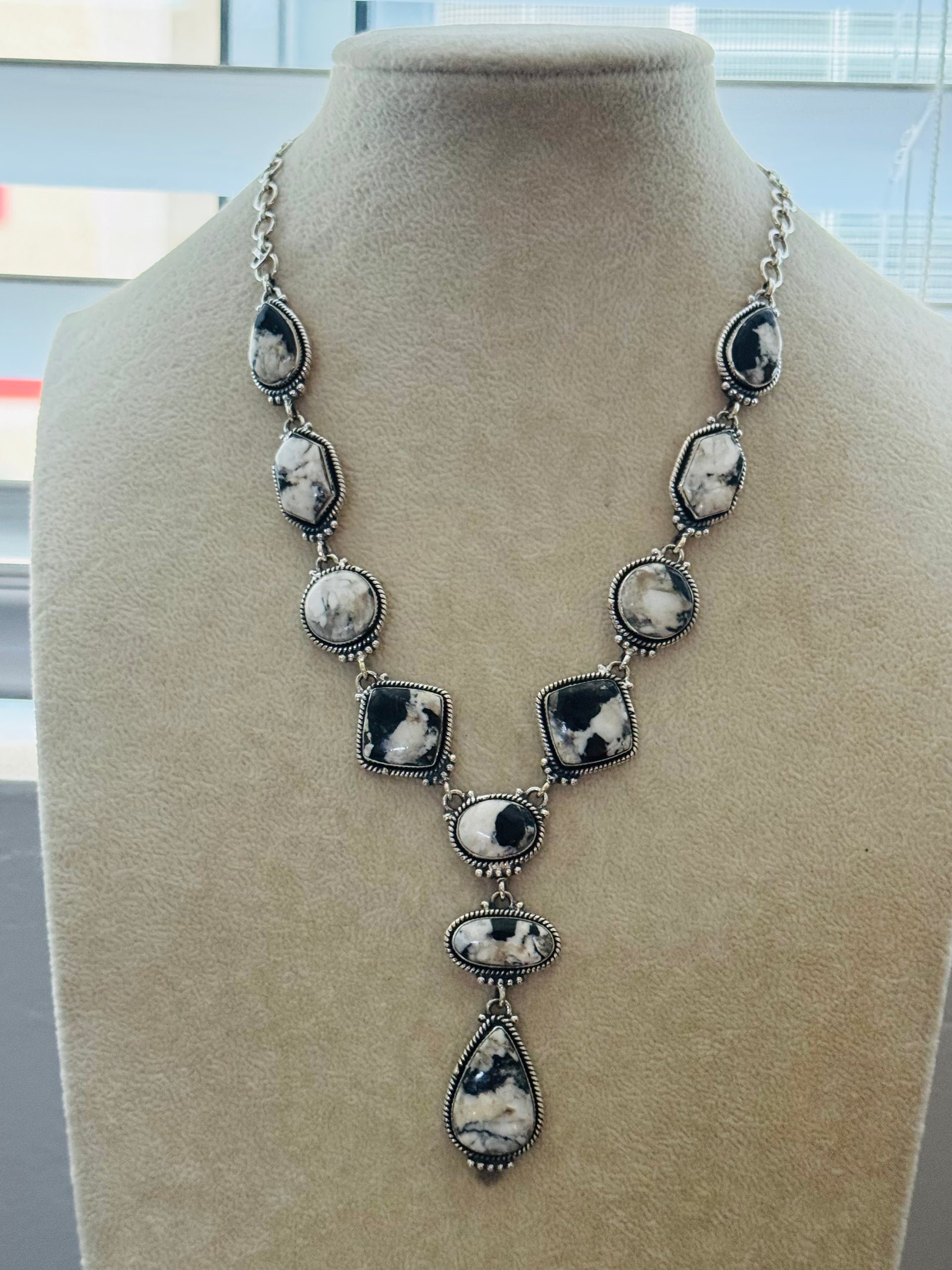 Southwest Made White Buffalo & Sterling Silver Lariat Necklace Set