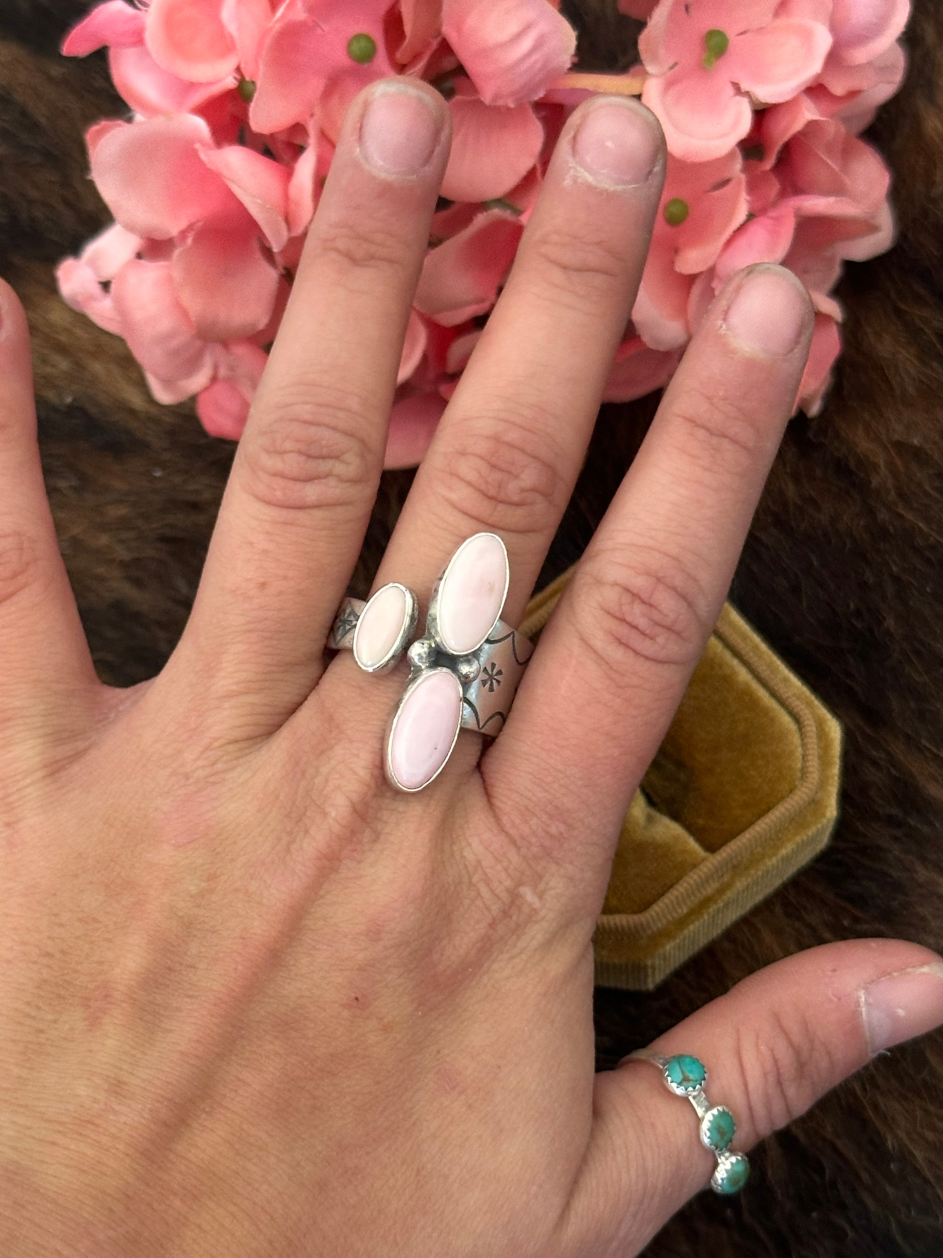 Navajo Made Pink Conch & Sterling Silver Adjustable Ring