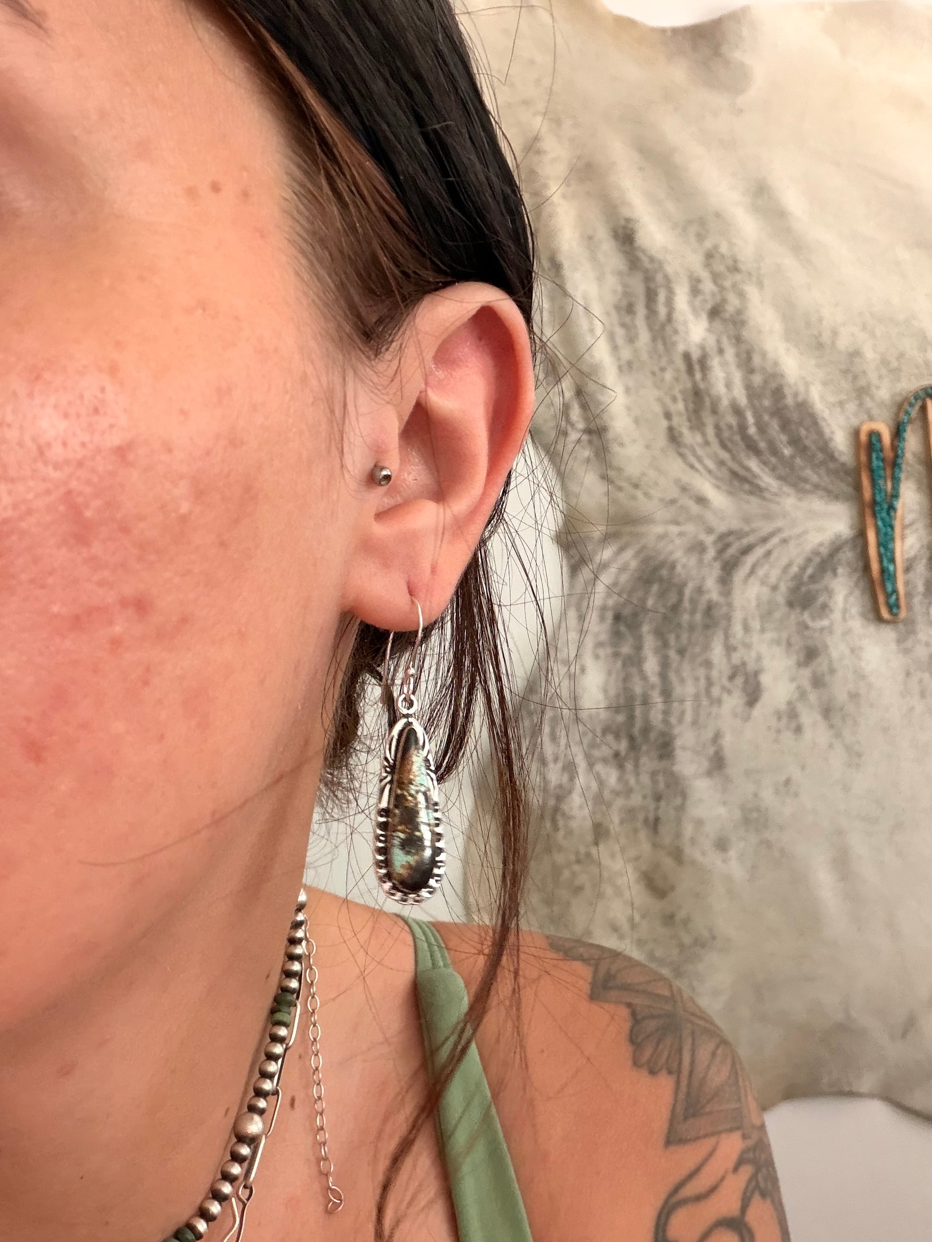Navajo Made Black Jack Turquoise & Sterling Silver Dangle Earrings