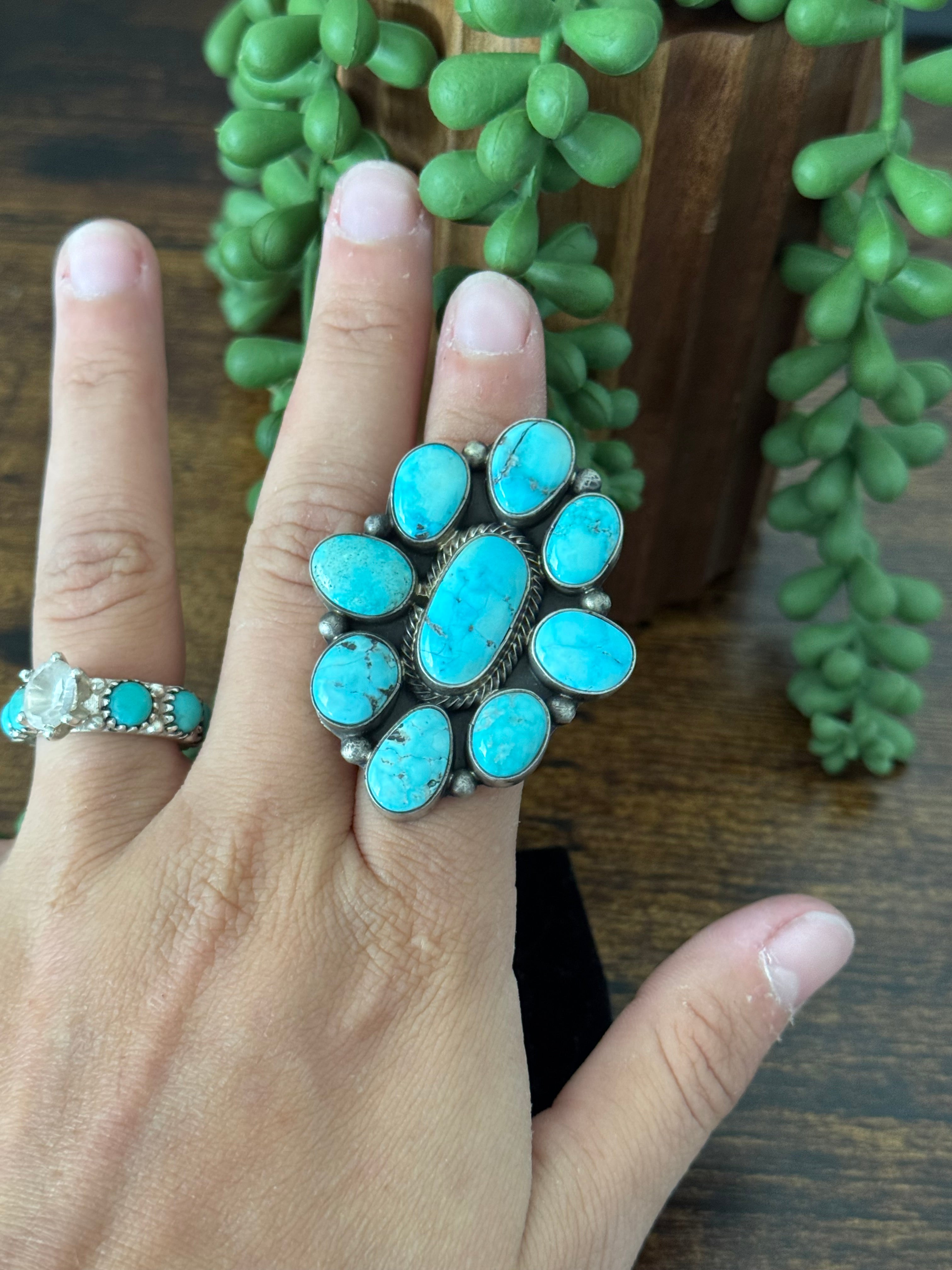 Sheila Becenti White Water Turquoise & Sterling Silver Adjustable Cluster Ring