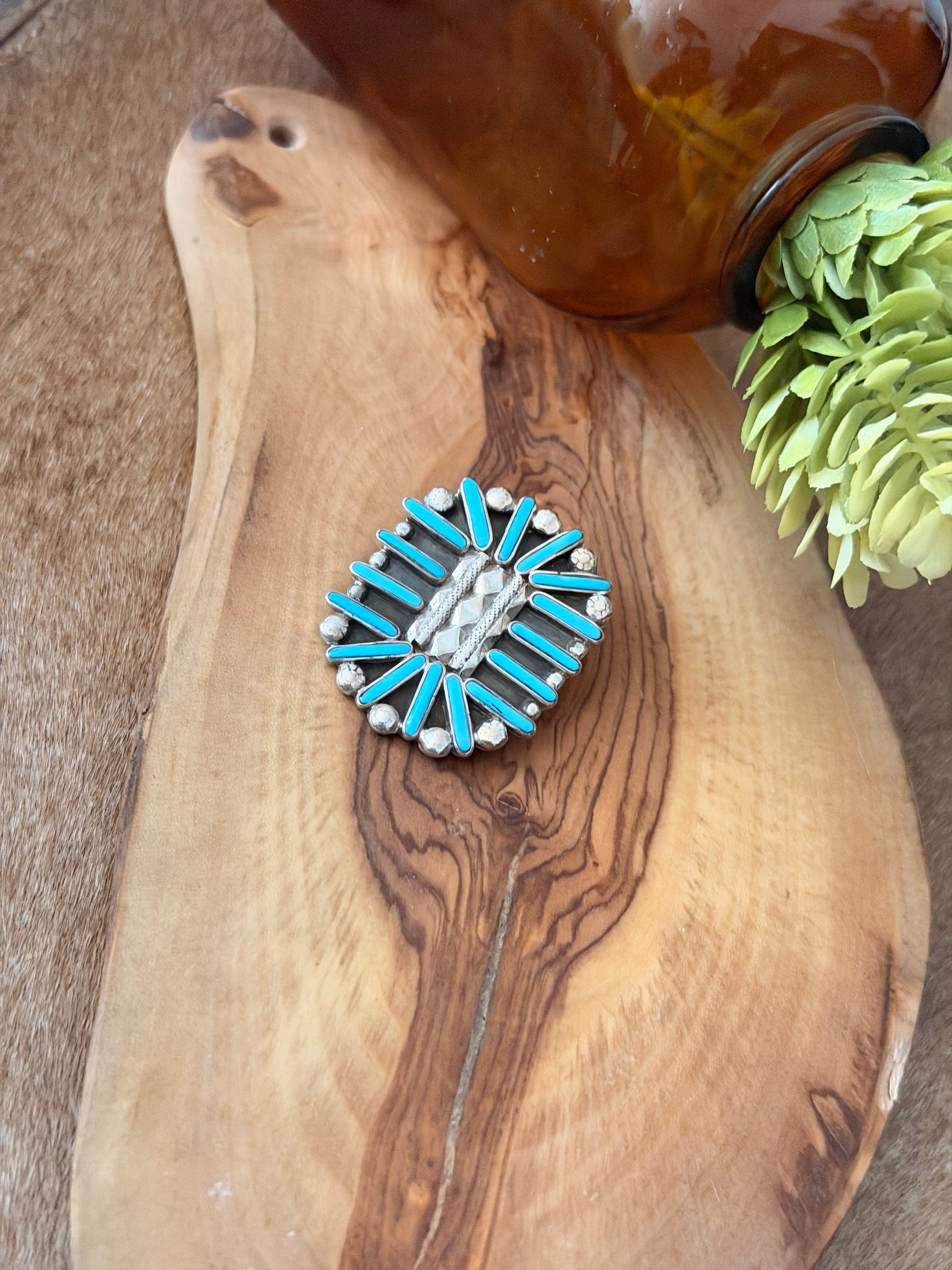 Zuni Made Kingman Turquoise & Sterling Silver Cluster Pendant/Pin