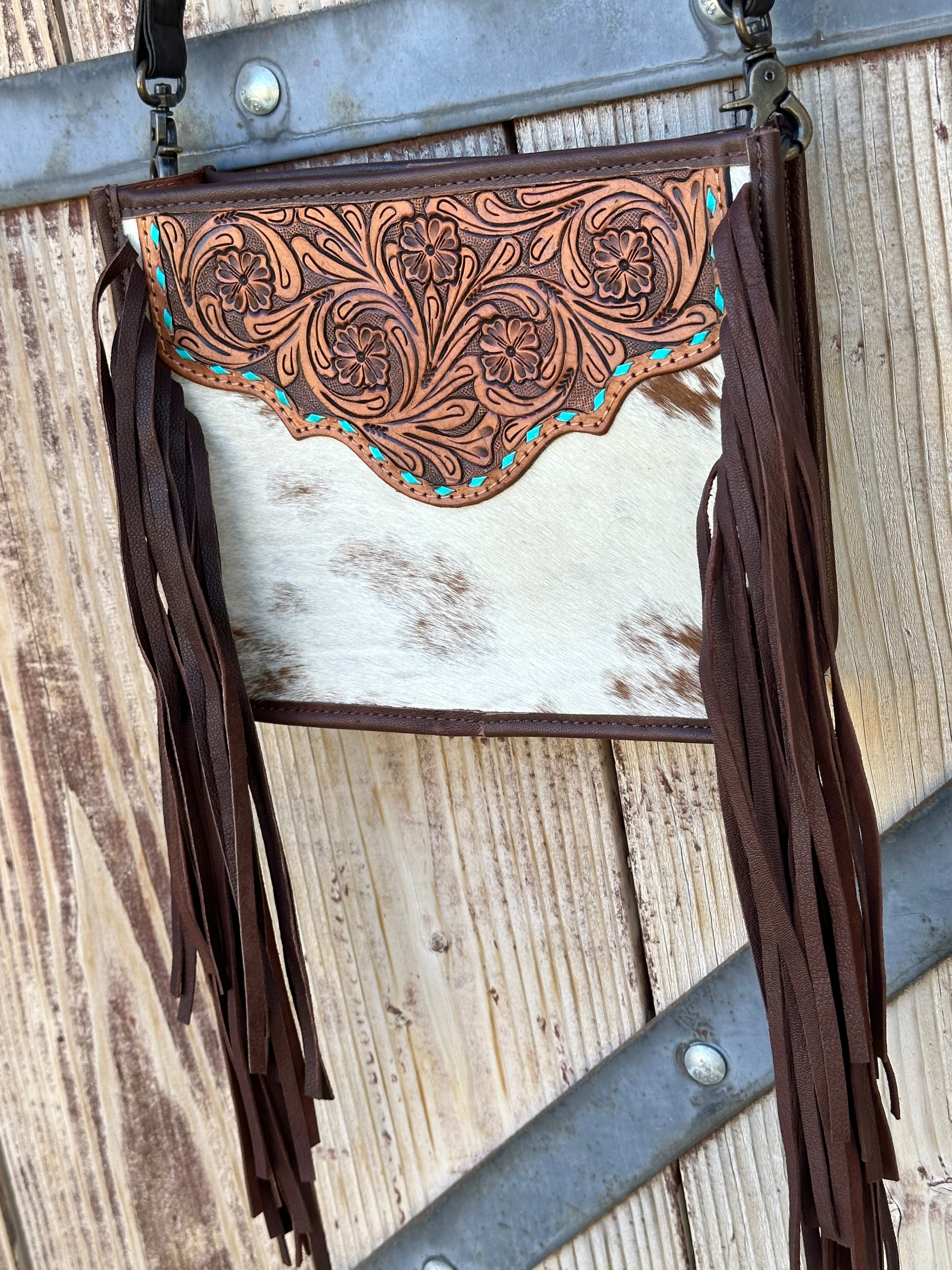 Genuine Tooled Leather & Cowhide Fringe Purse