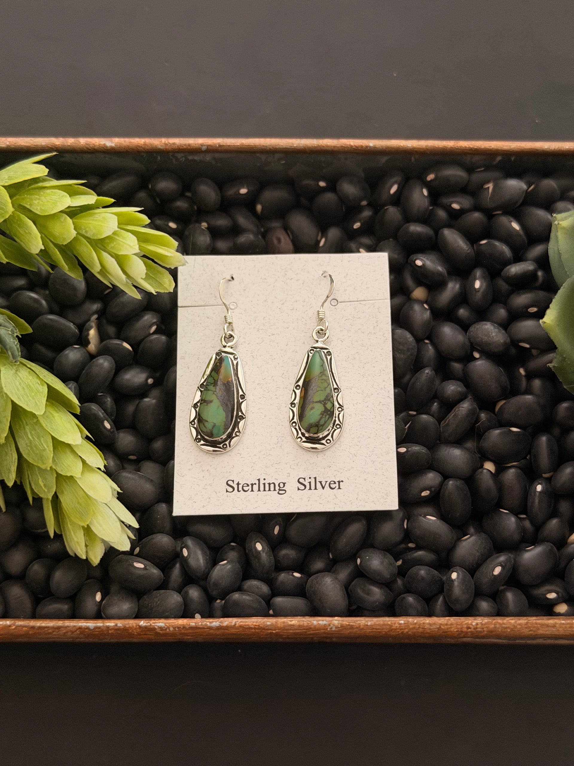 Navajo Made Black Jack Turquoise & Sterling Silver Dangle Earrings