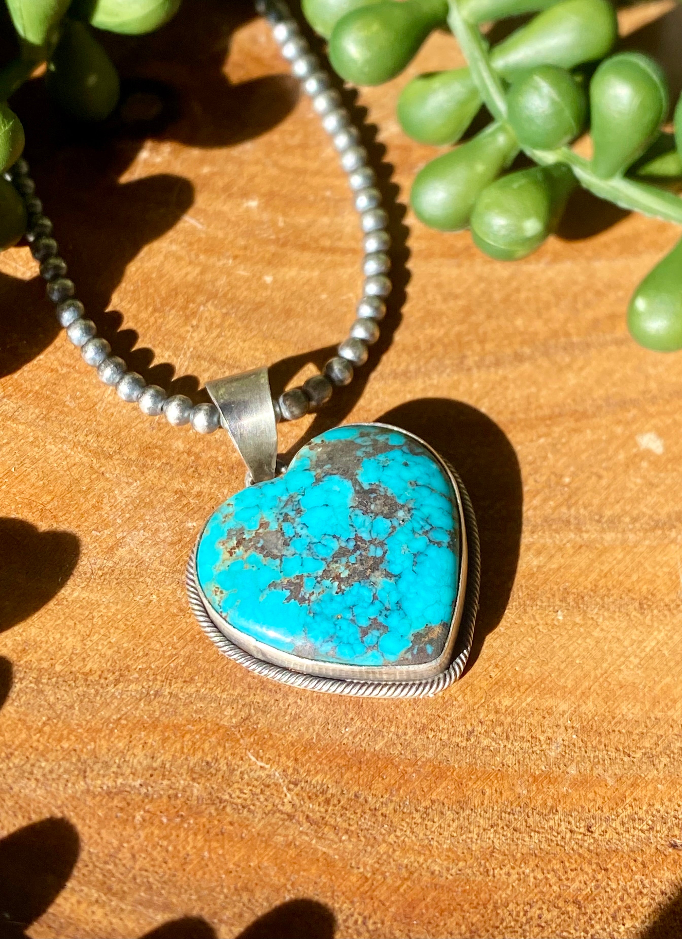 Navajo Made Kingman Turquoise & Sterling Silver Heart Shape PENDANT ONLY