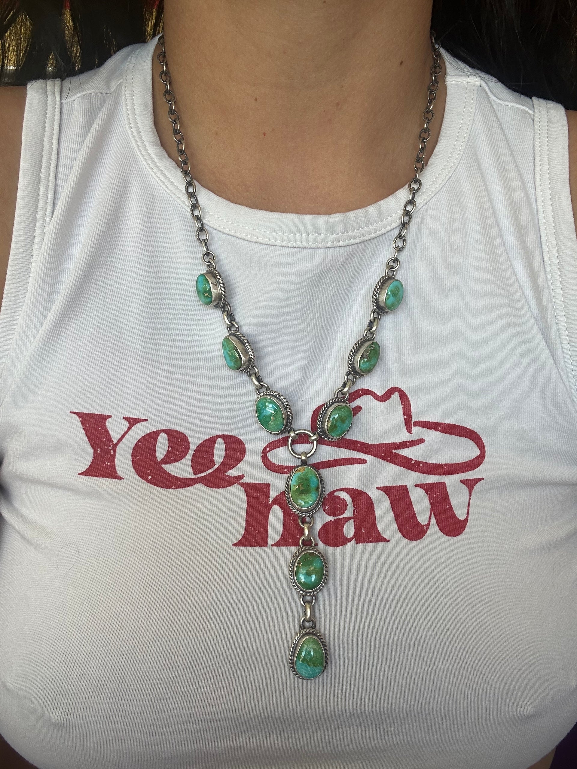 Navajo Made Sonoran Gold Turquoise & Sterling Silver Lariat Necklace Set