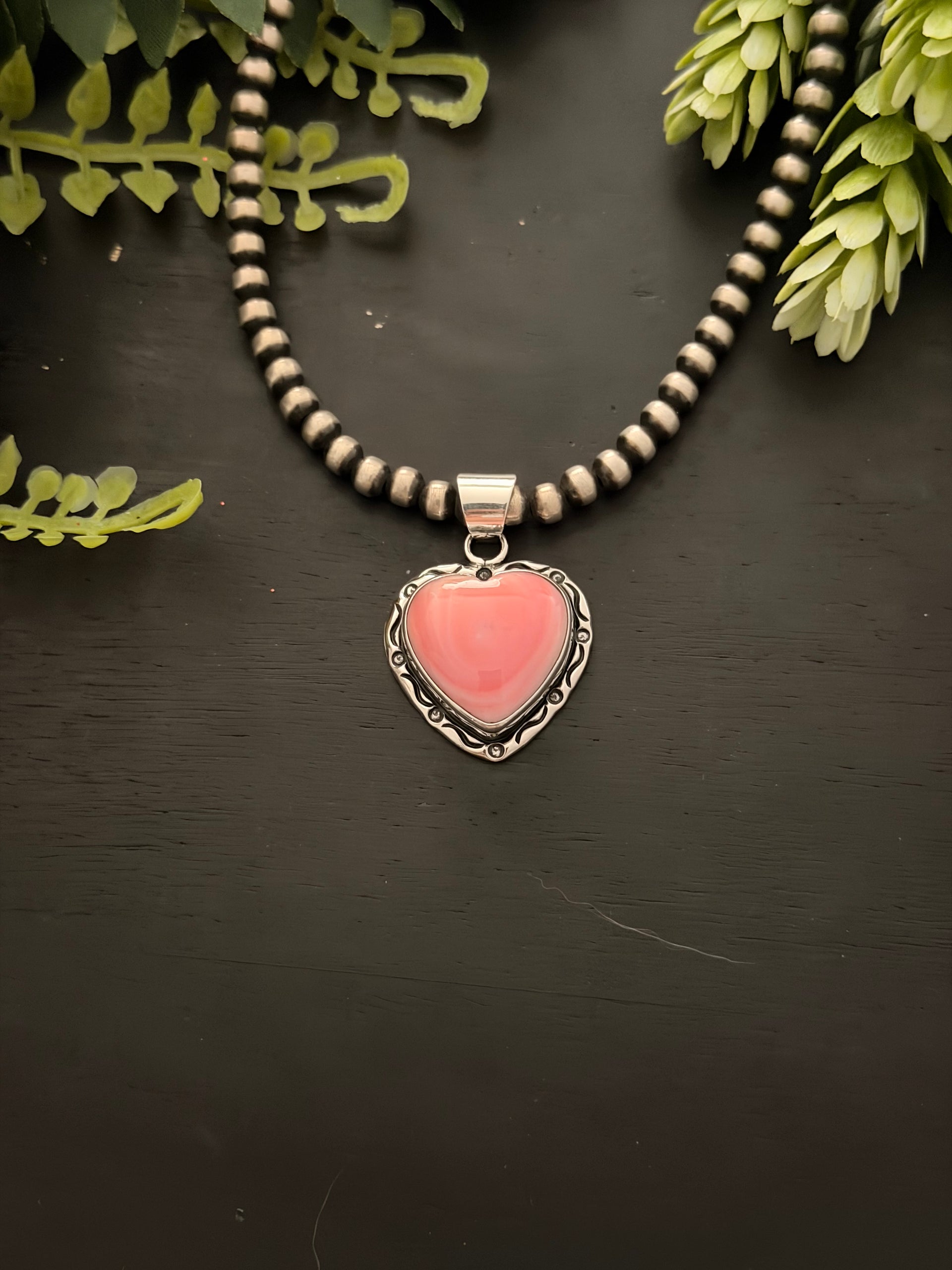 Navajo Made Pink Conch & Sterling Silver Heart Pendant