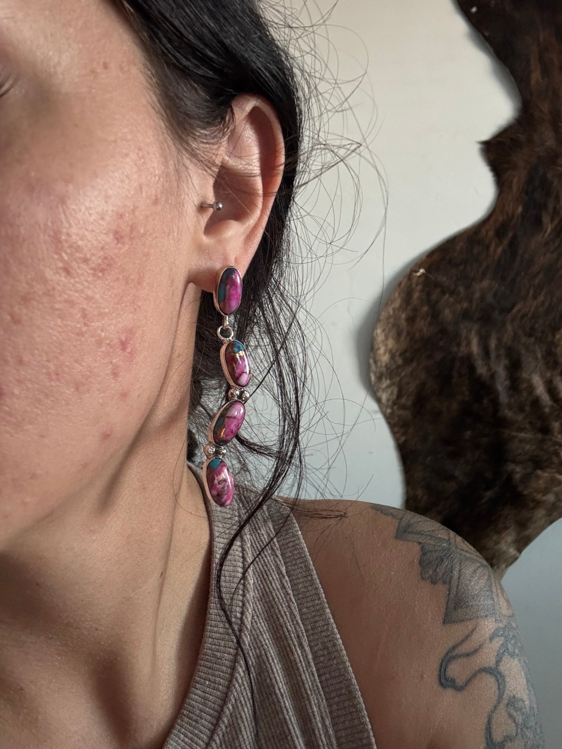 Navajo Made Purple Mohave Turquoise & Sterling Silver Post Dangle Earrings