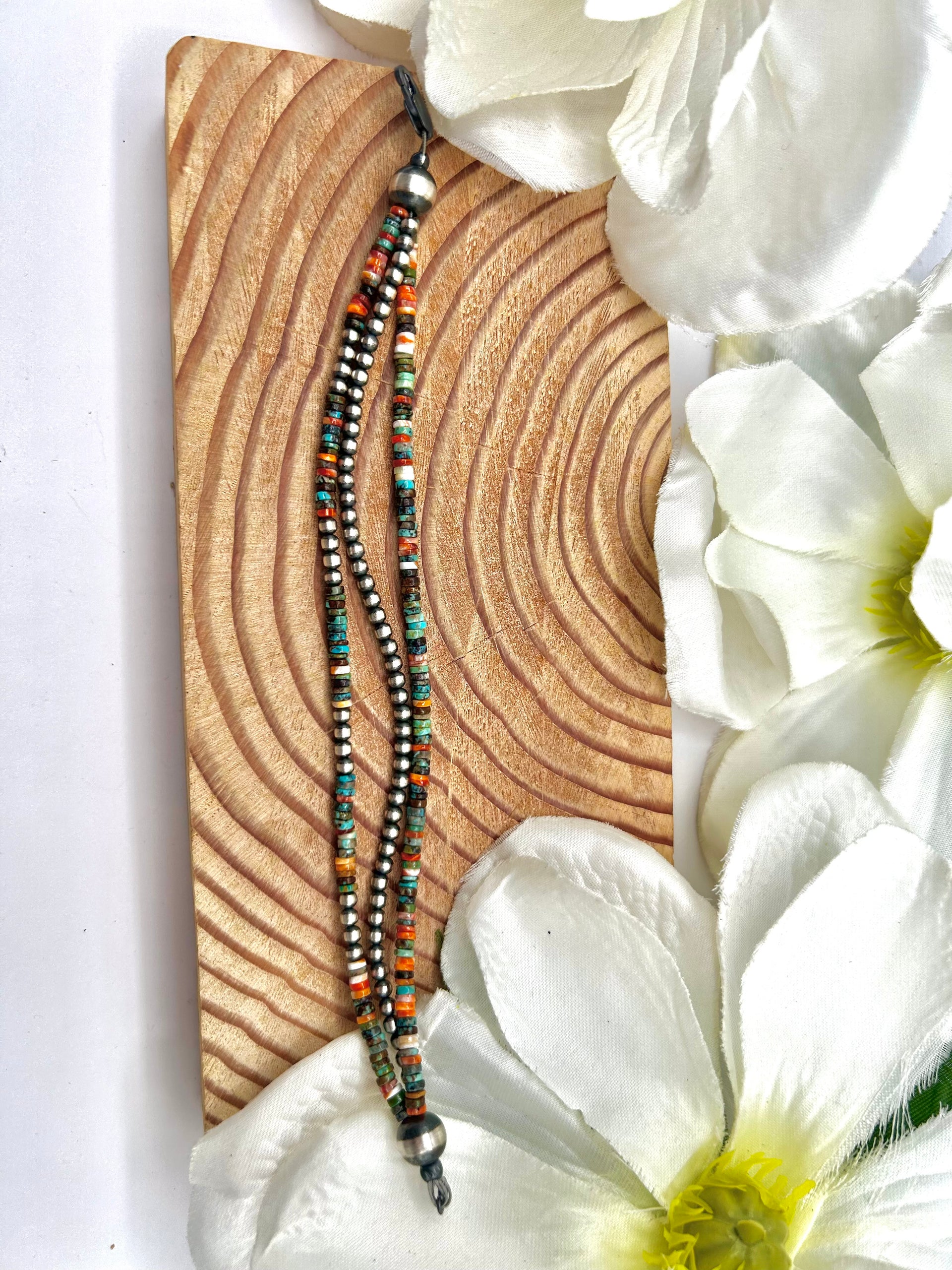 Navajo Made Strung Multi Stone & Sterling Silver Link Bracelet