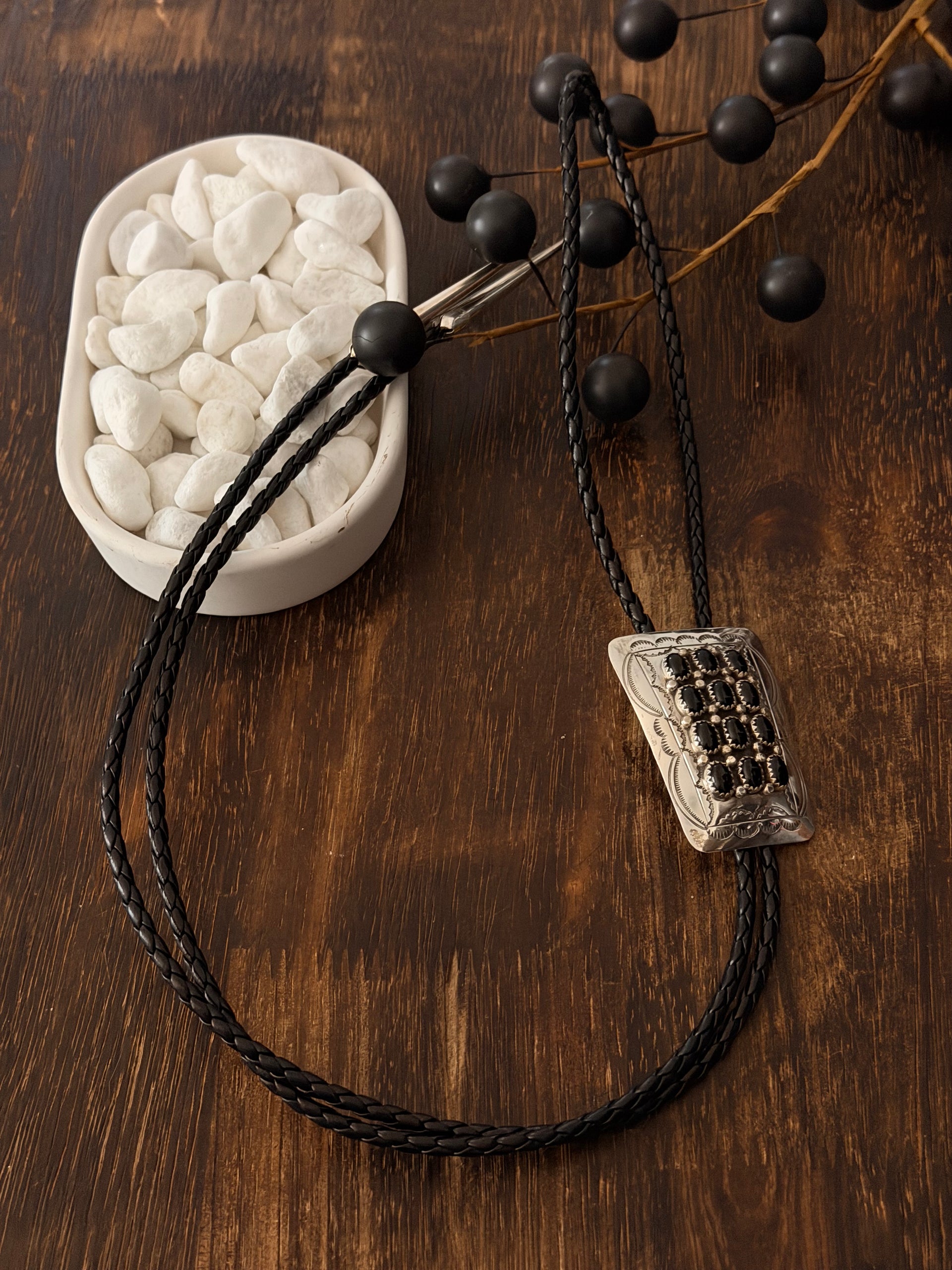 Navajo Made Onyx & Sterling Silver Bolo Tie