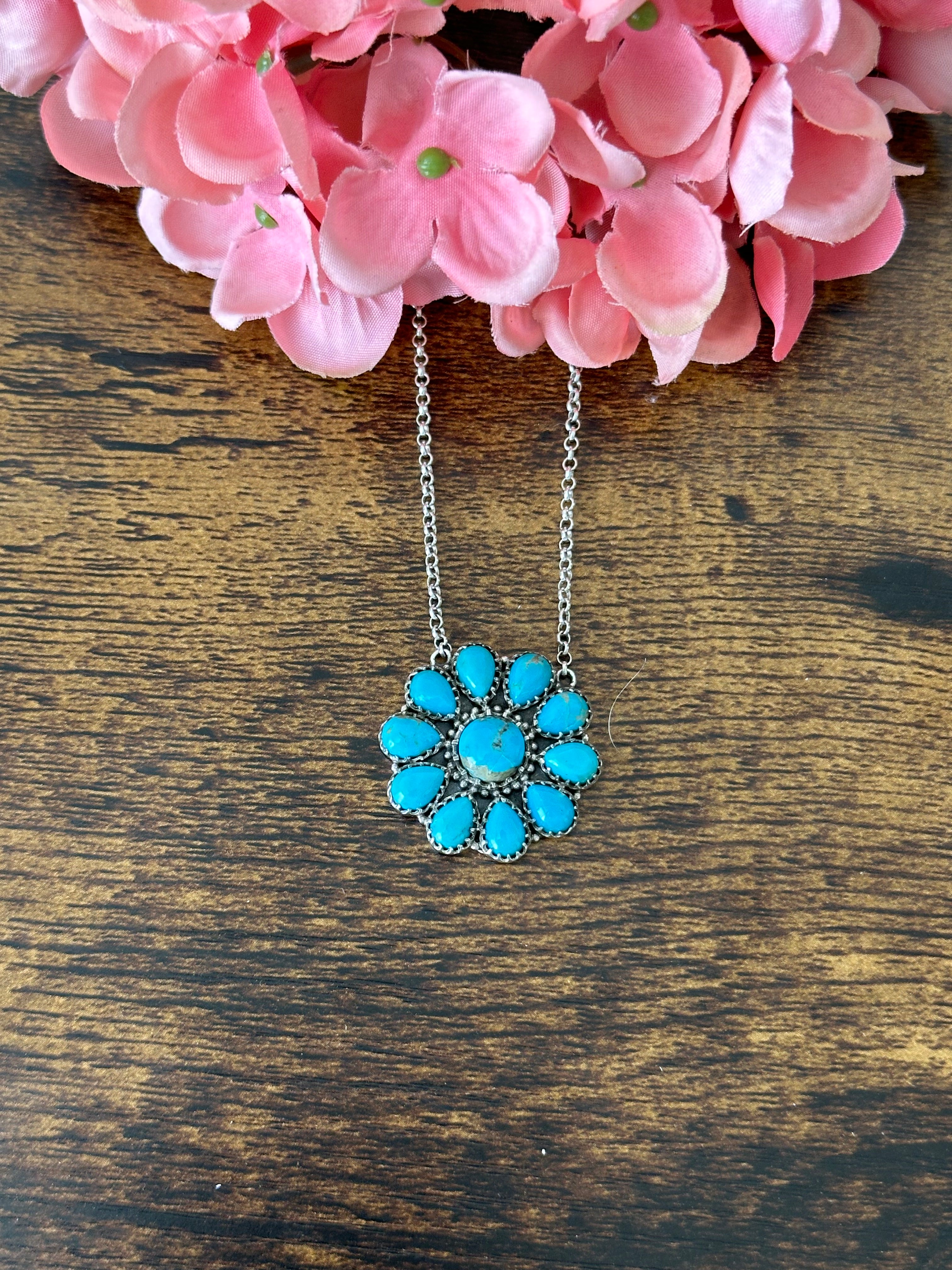 Southwest Handmade Kingman Turquoise & Sterling Silver Cluster Necklace