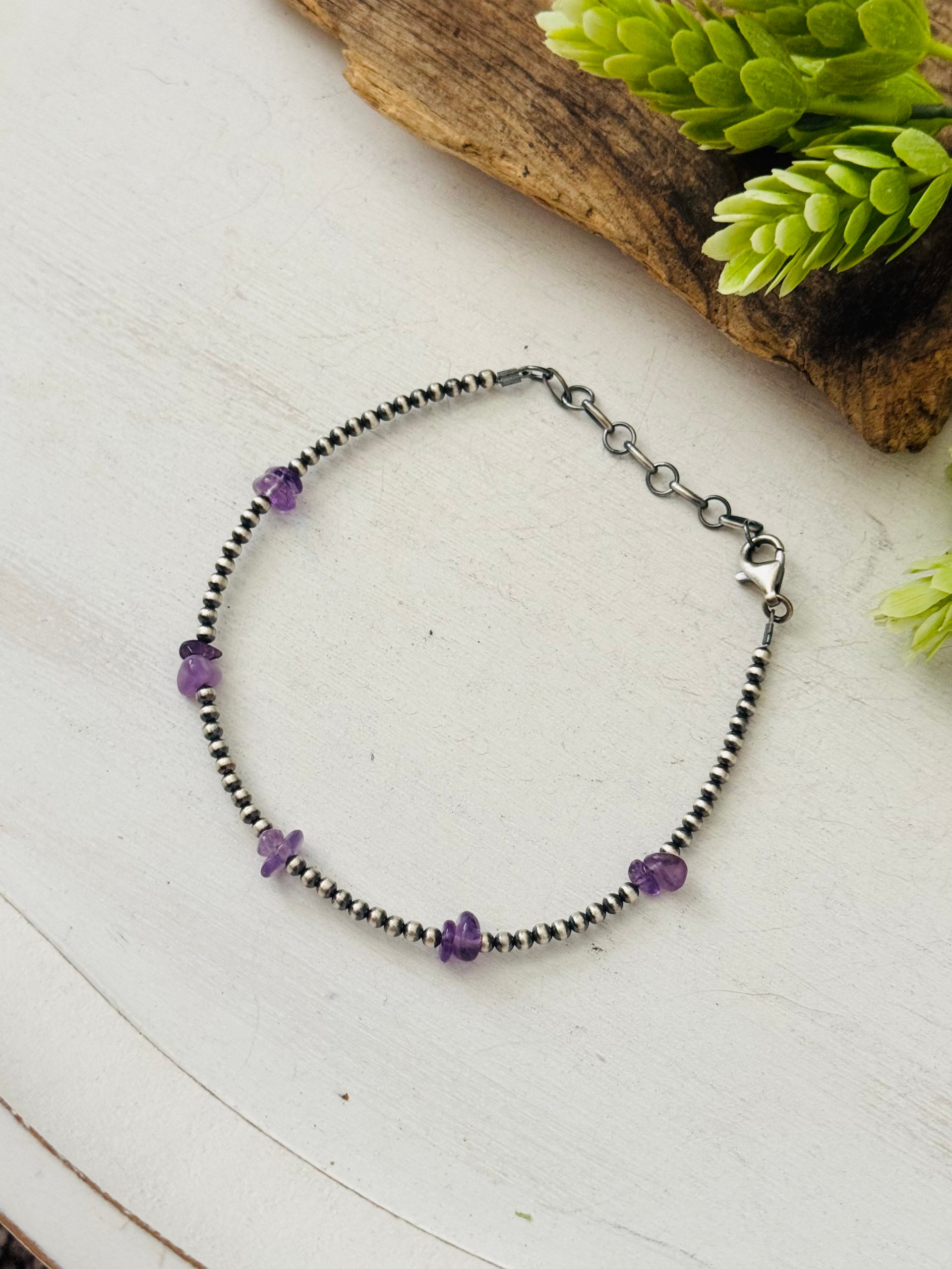Navajo Made Amethyst & Sterling Silver Strung Anklet