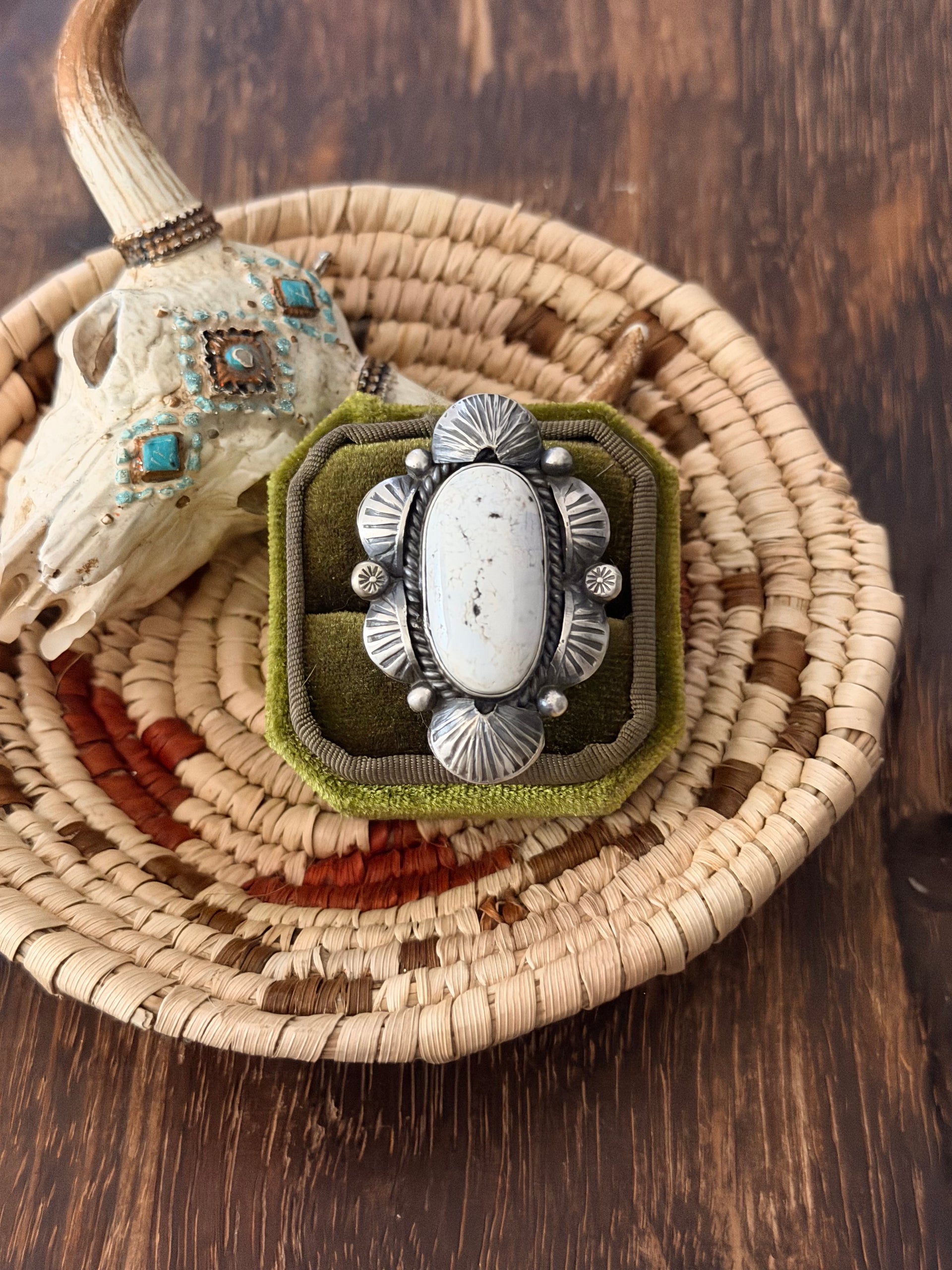 Navajo Made White Buffalo & Sterling Silver Adjustable Ring