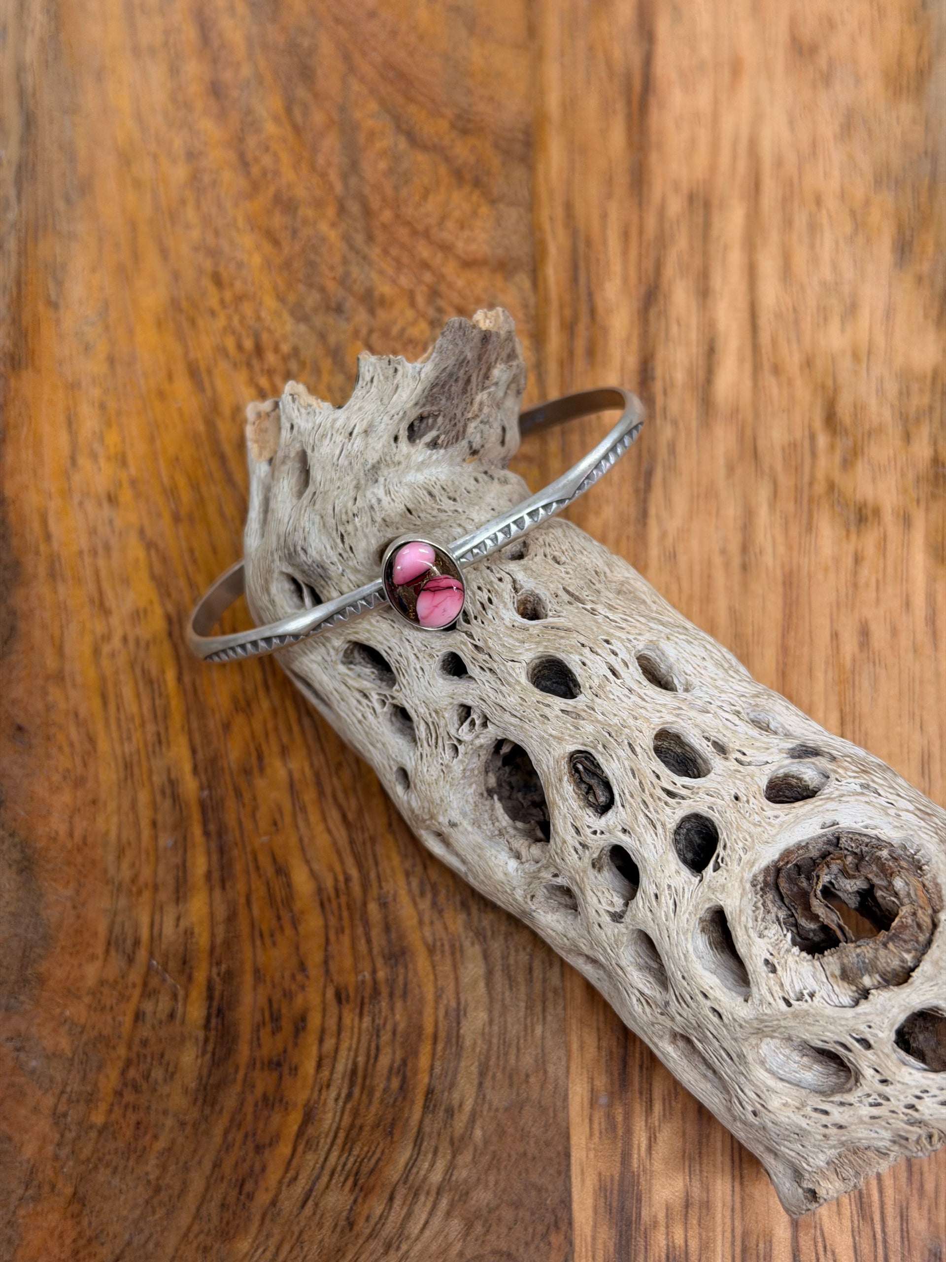Navajo Made Rose Dahlia Composite & Sterling Silver Cuff Bracelet