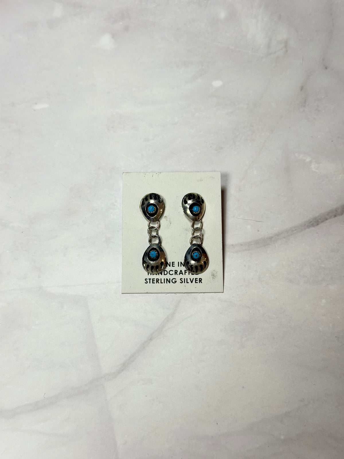 Navajo Made Kingman Turquoise & Sterling Silver Post Dangle Bear Claw Earrings