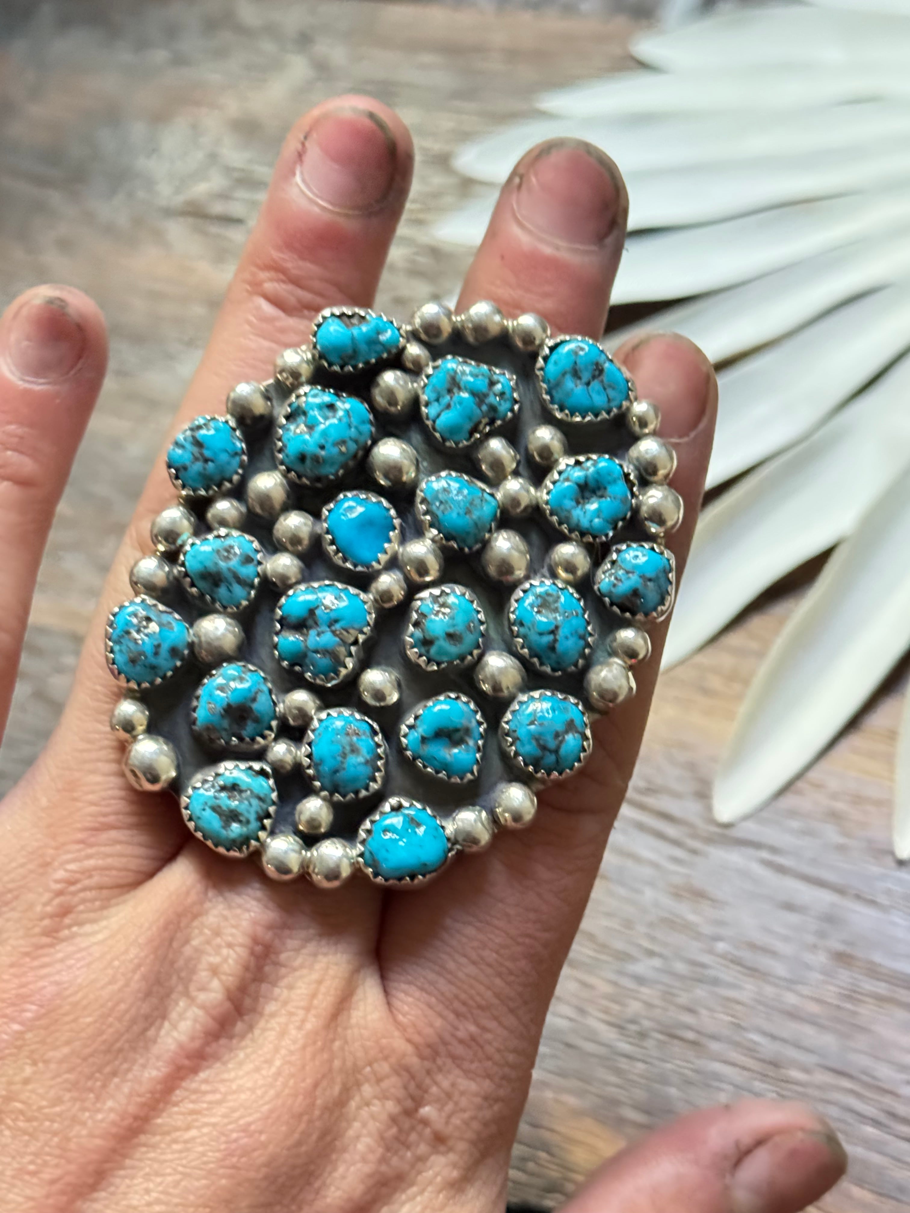 Navajo Made Kingman Turquoise & Sterling Silver Cluster Ring Size 9.25