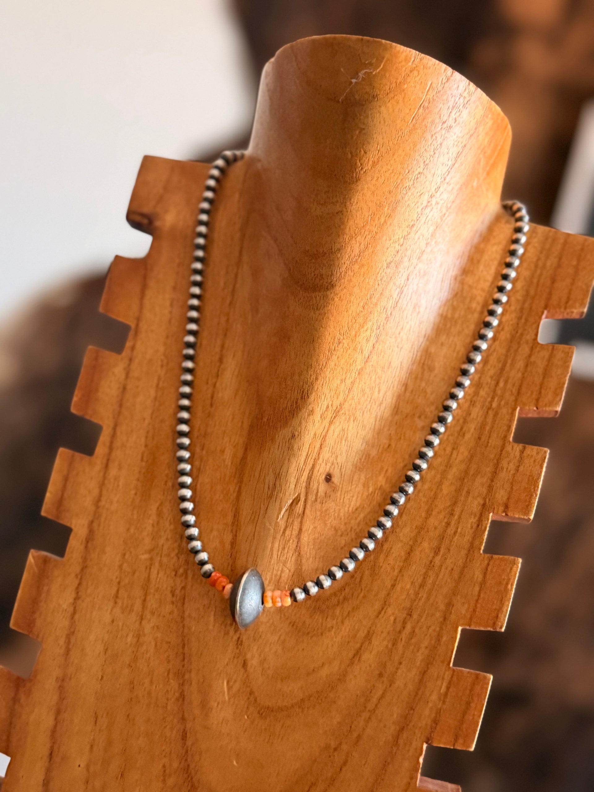 Navajo Strung Spiny Oyster & Sterling Silver Graduated & Saucer Pearl Necklace