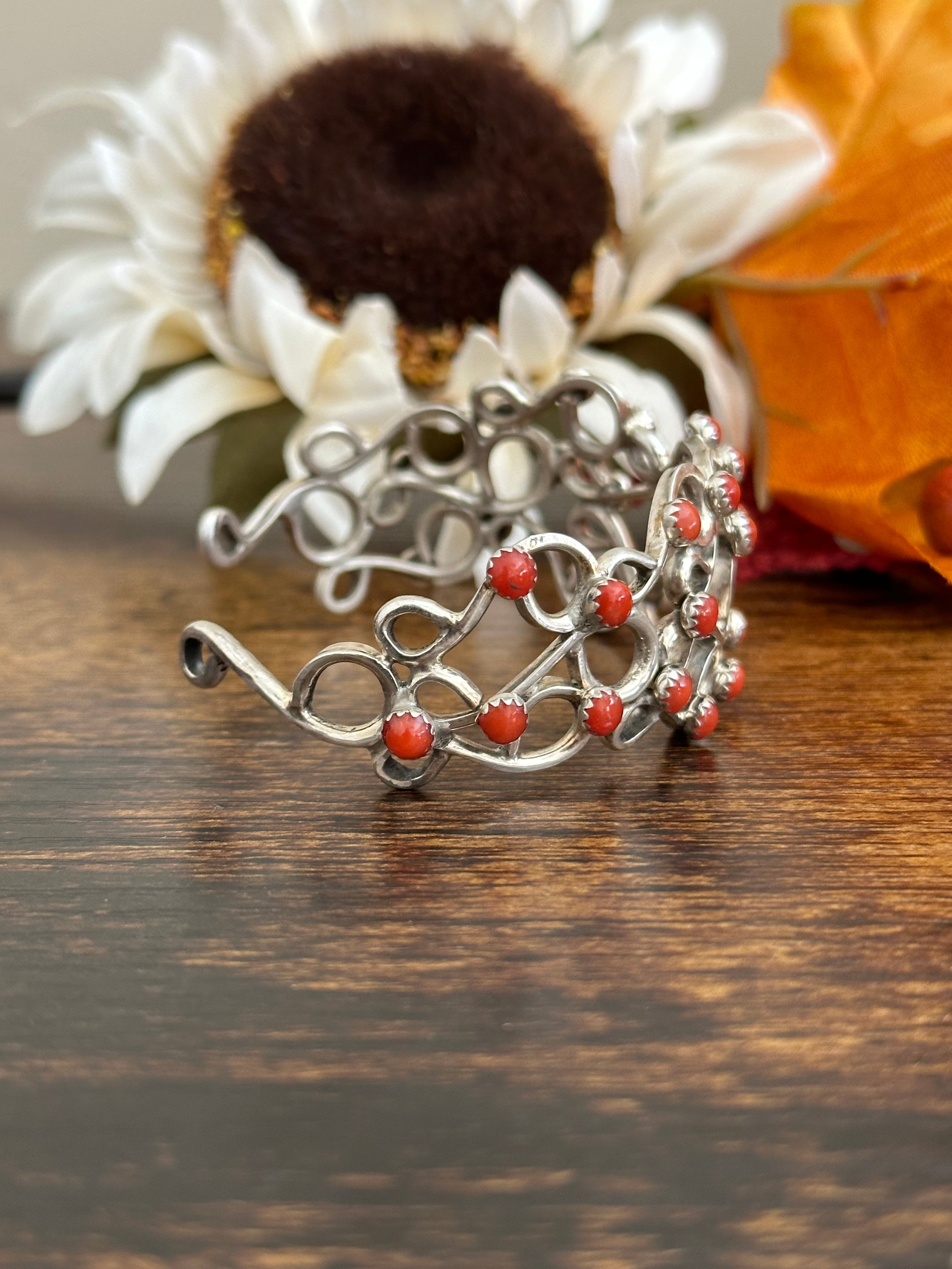 Navajo Made Red Coral & Sterling Silver Cuff Bracelet