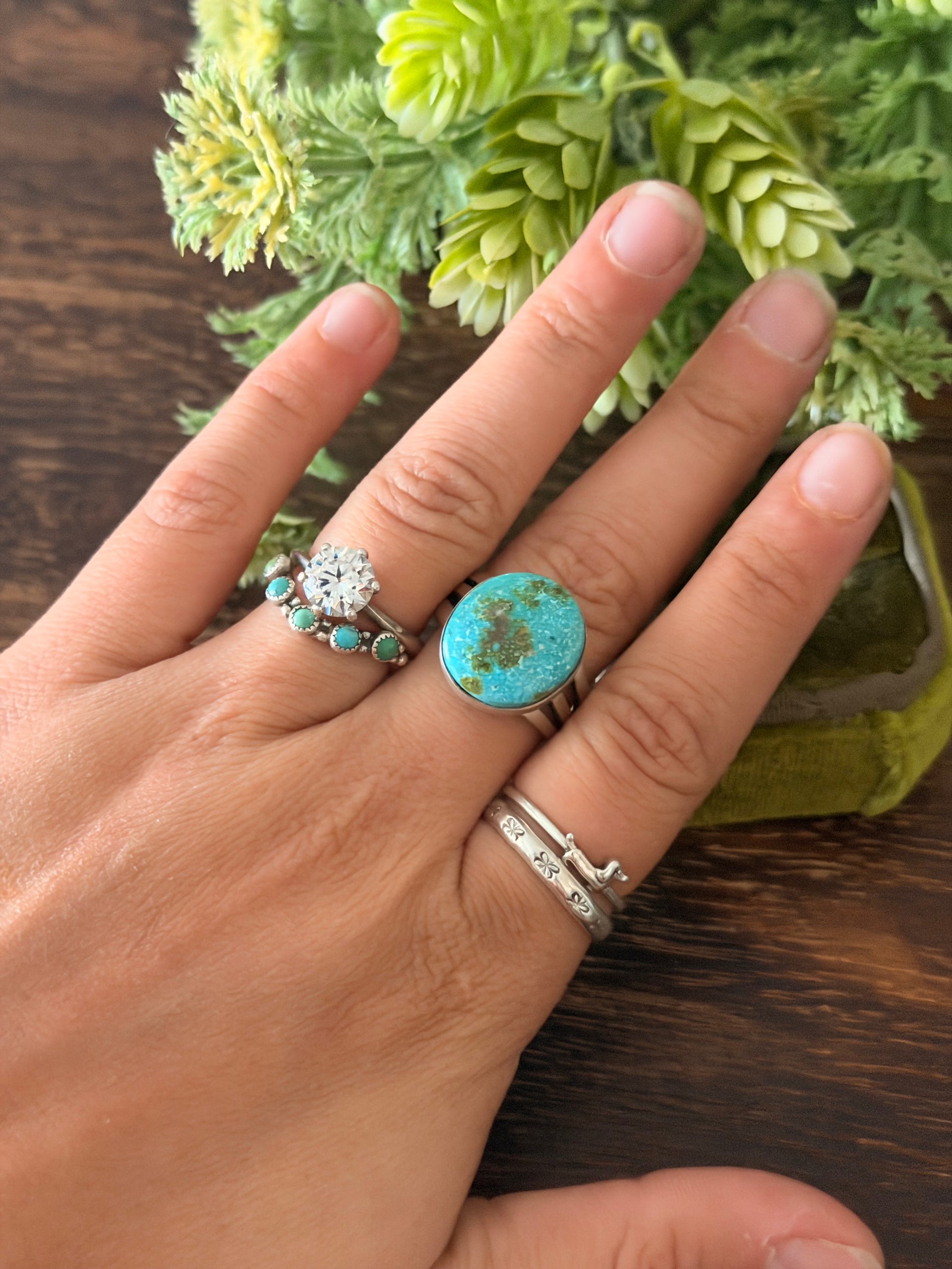Navajo Made Sonoran Mountain Turquoise & Sterling Silver Ring Size 9.5