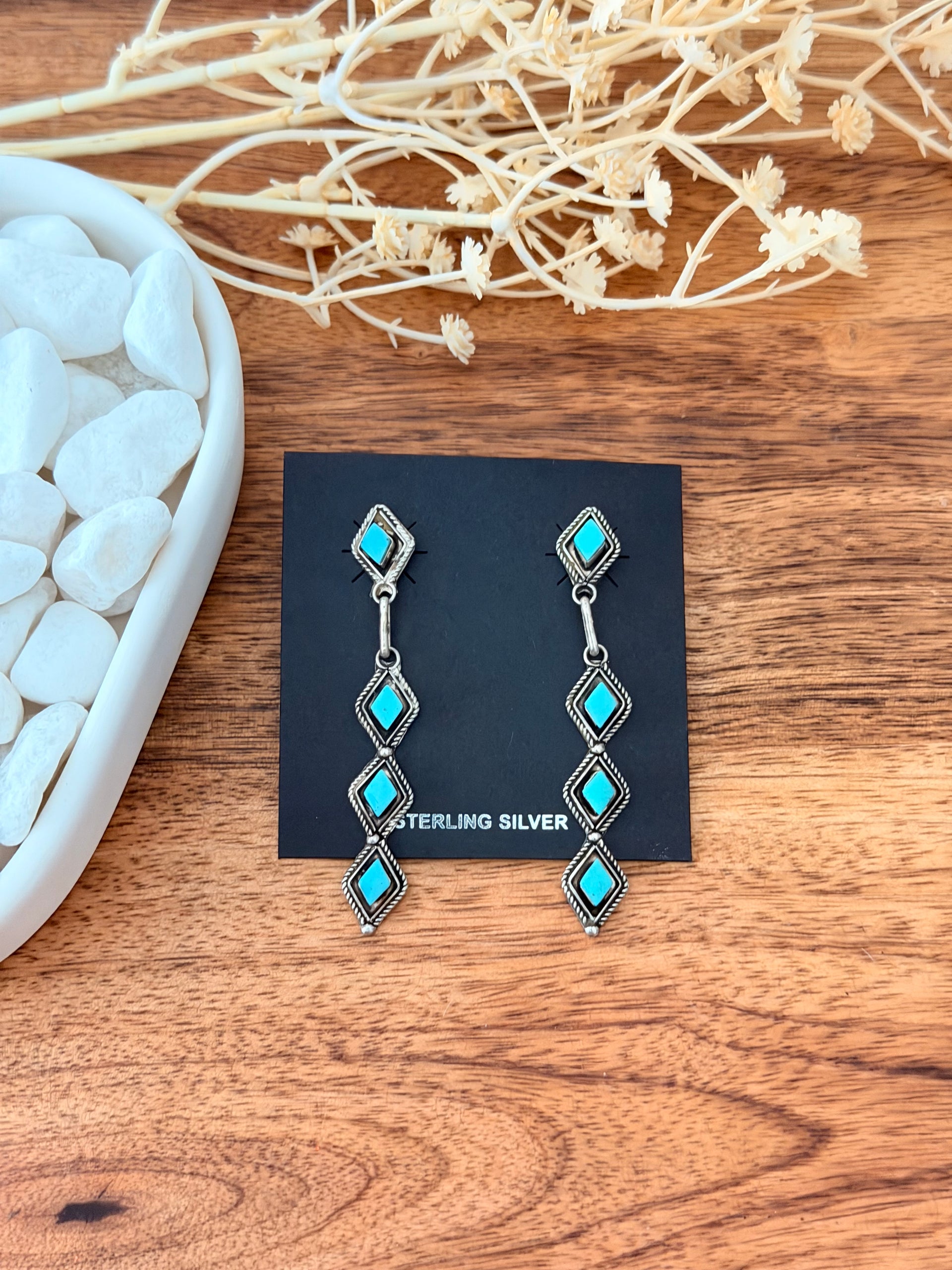 Navajo Made Kingman Turquoise & Sterling Silver Post Dangle Earrings