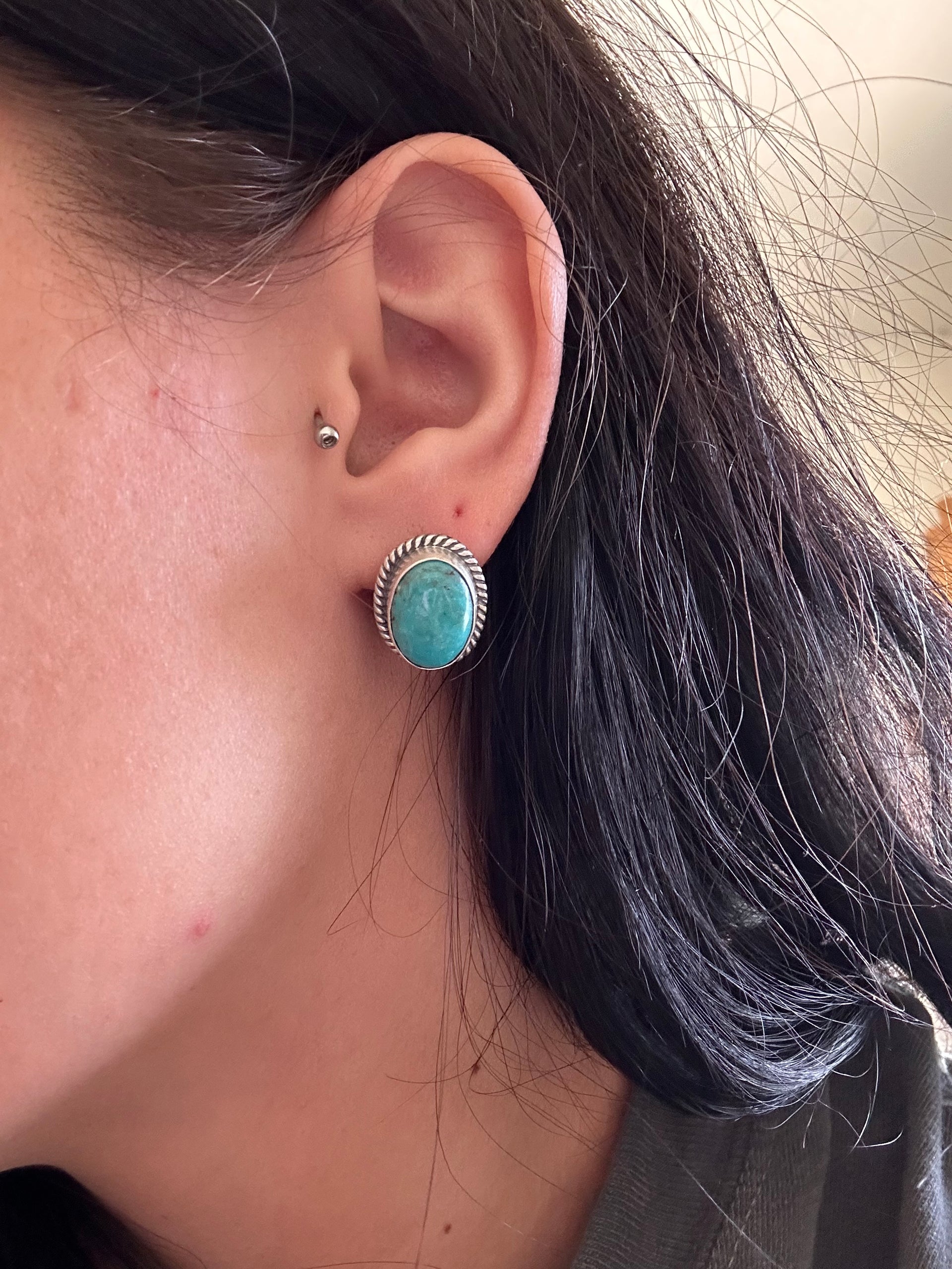 Navajo Handmade Kingman Turquoise & Sterling Silver Post Earrings