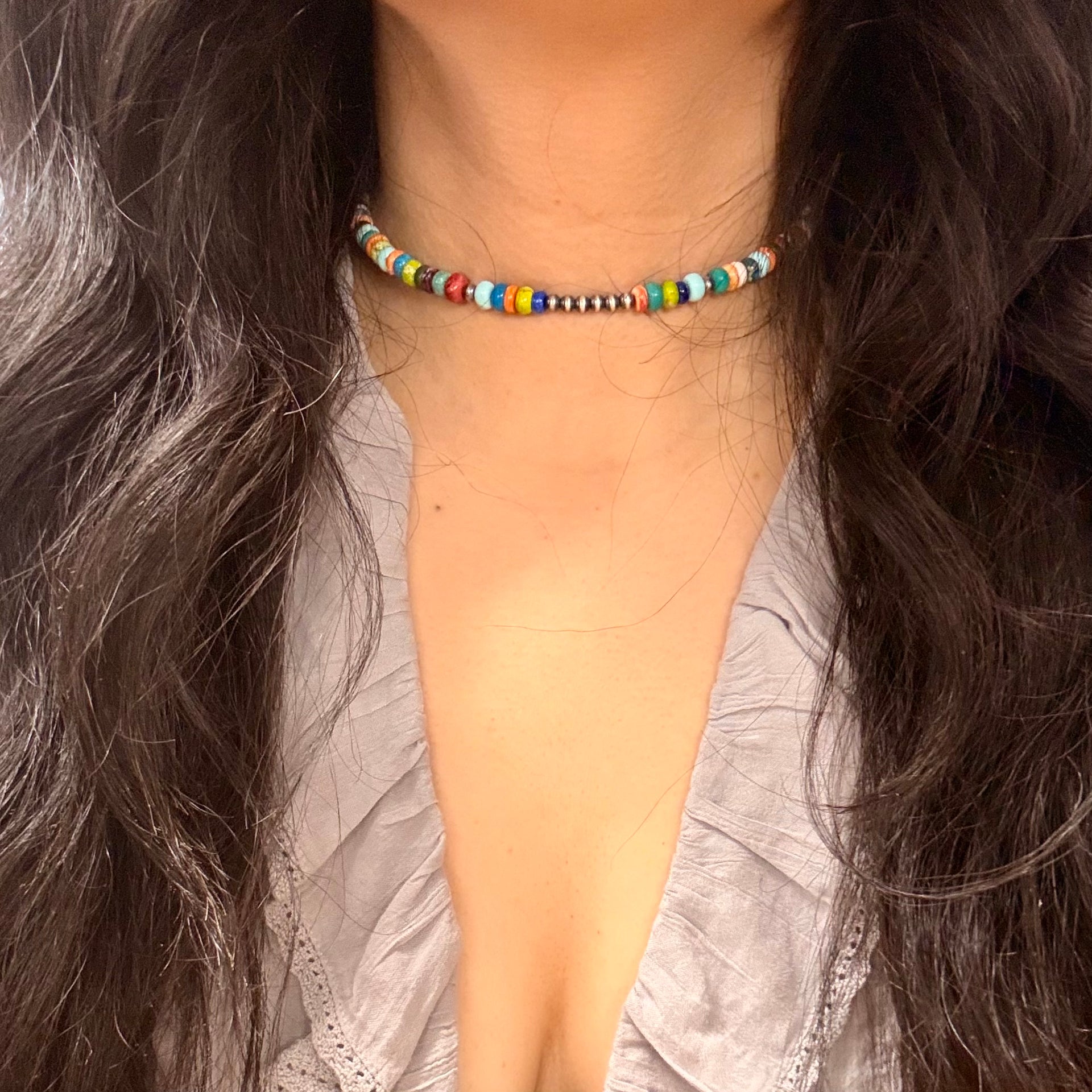Navajo Strung Multi Stone & Pearl Memory Wire Chocker Necklace
