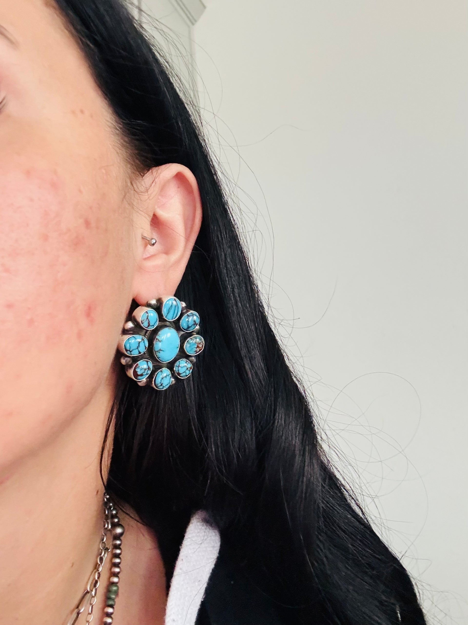 Delbert Begay Egyptian Turquoise & Sterling Silver Post Cluster Earrings