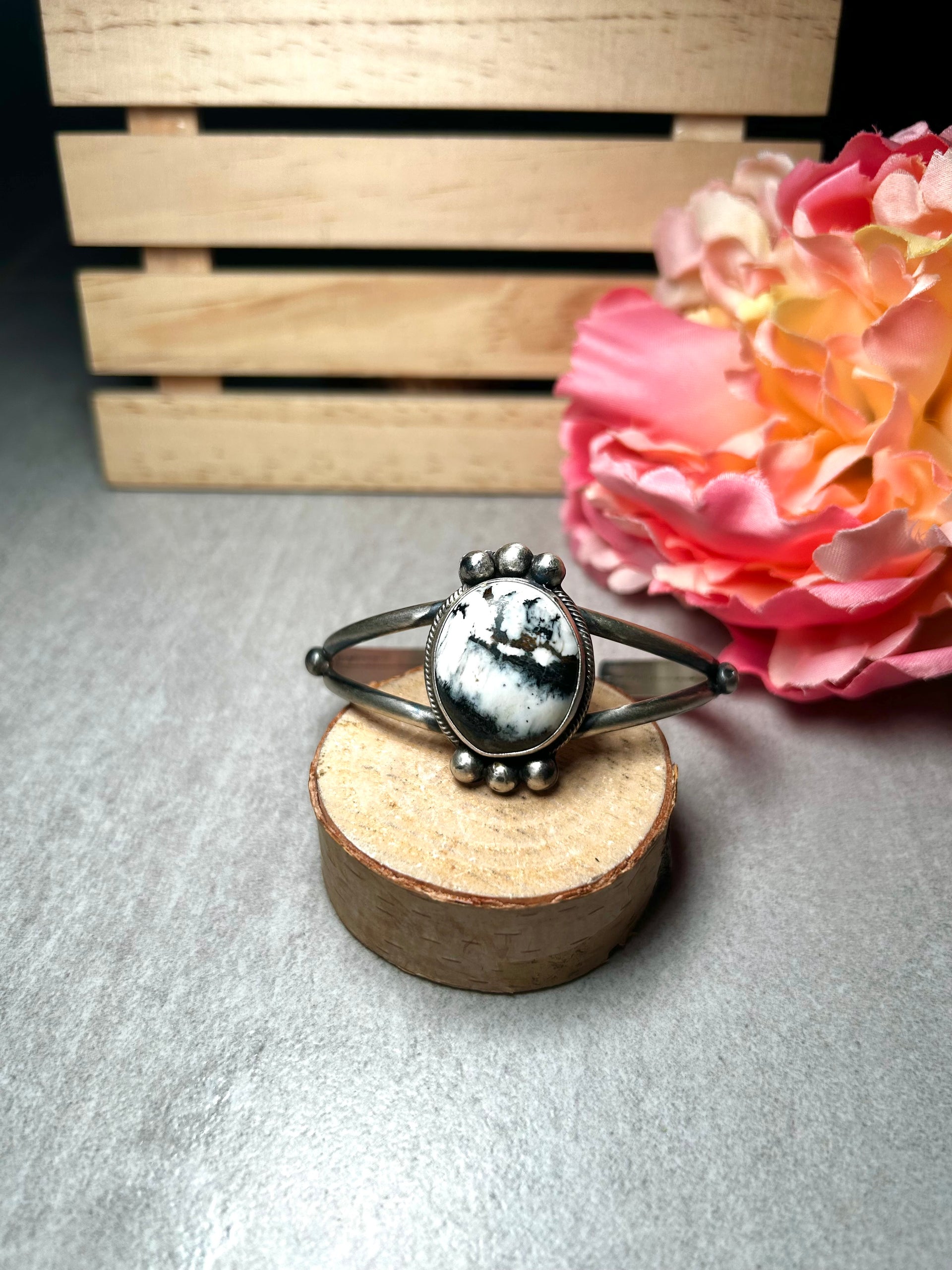 Navajo Made White Buffalo & Sterling Silver Cuff Bracelet