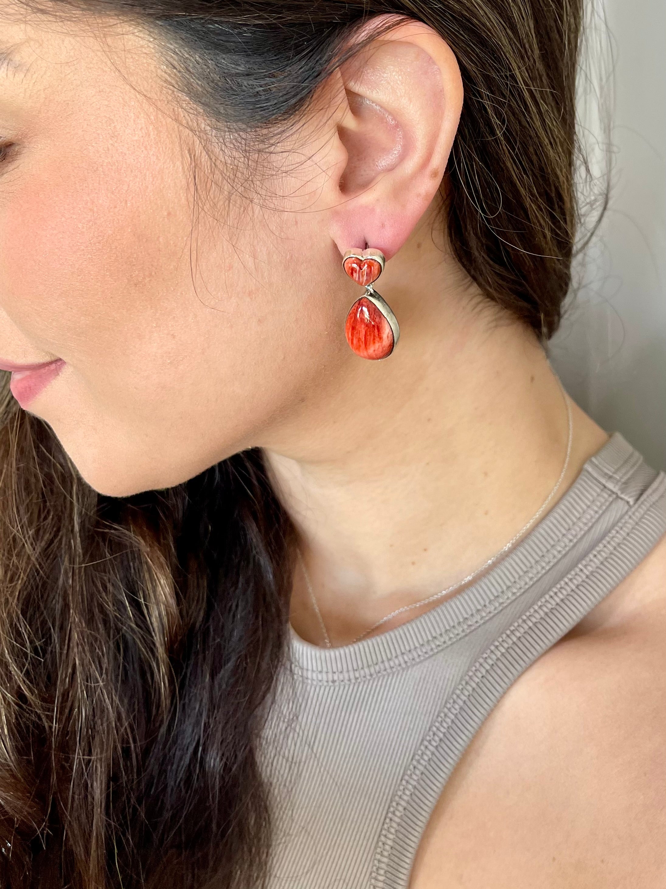 Navajo Made Red Spiny & Sterling Silver Post Dangle Earrings