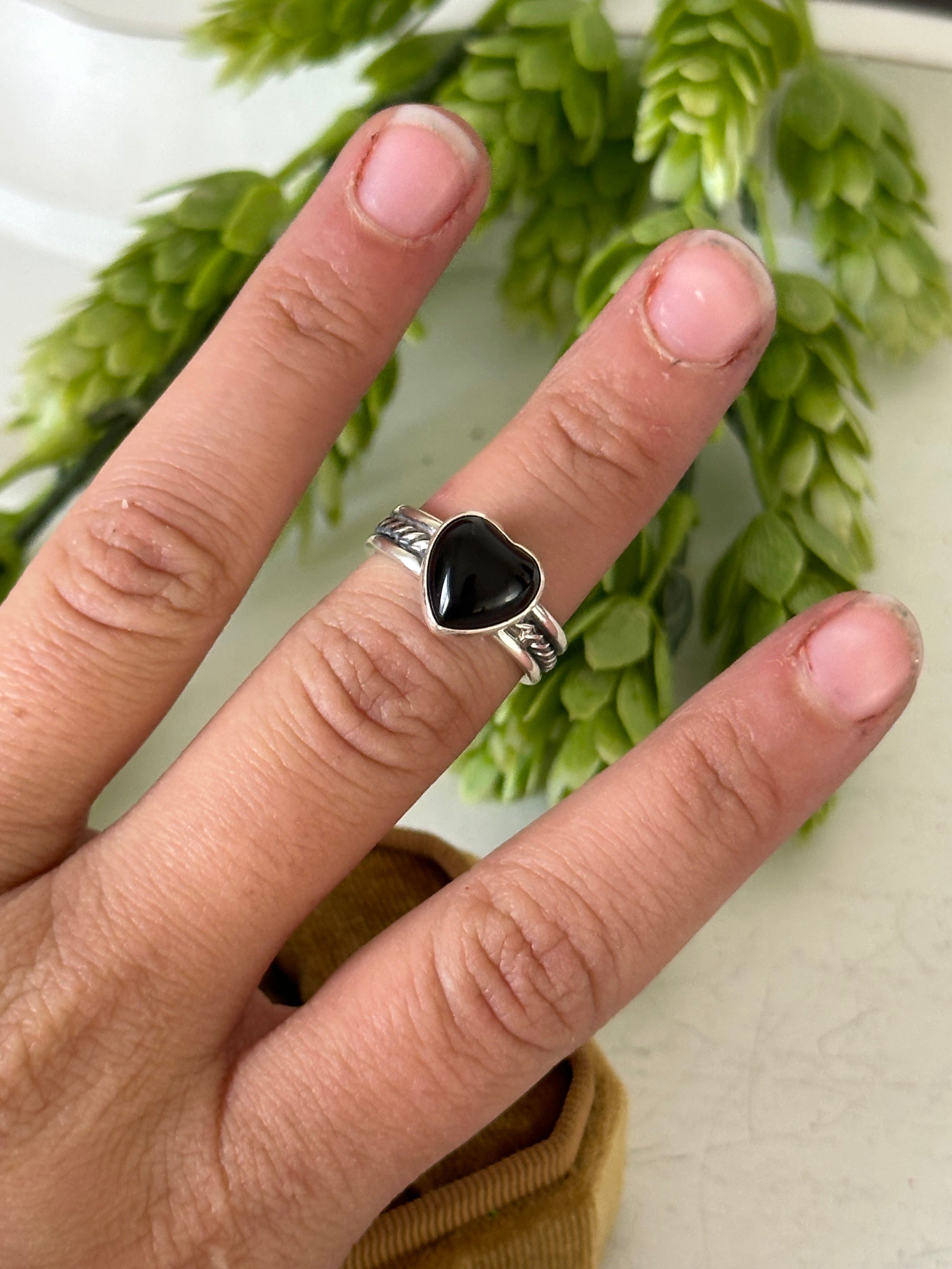 Navajo Made Onyx & Sterling Silver Heart Ring