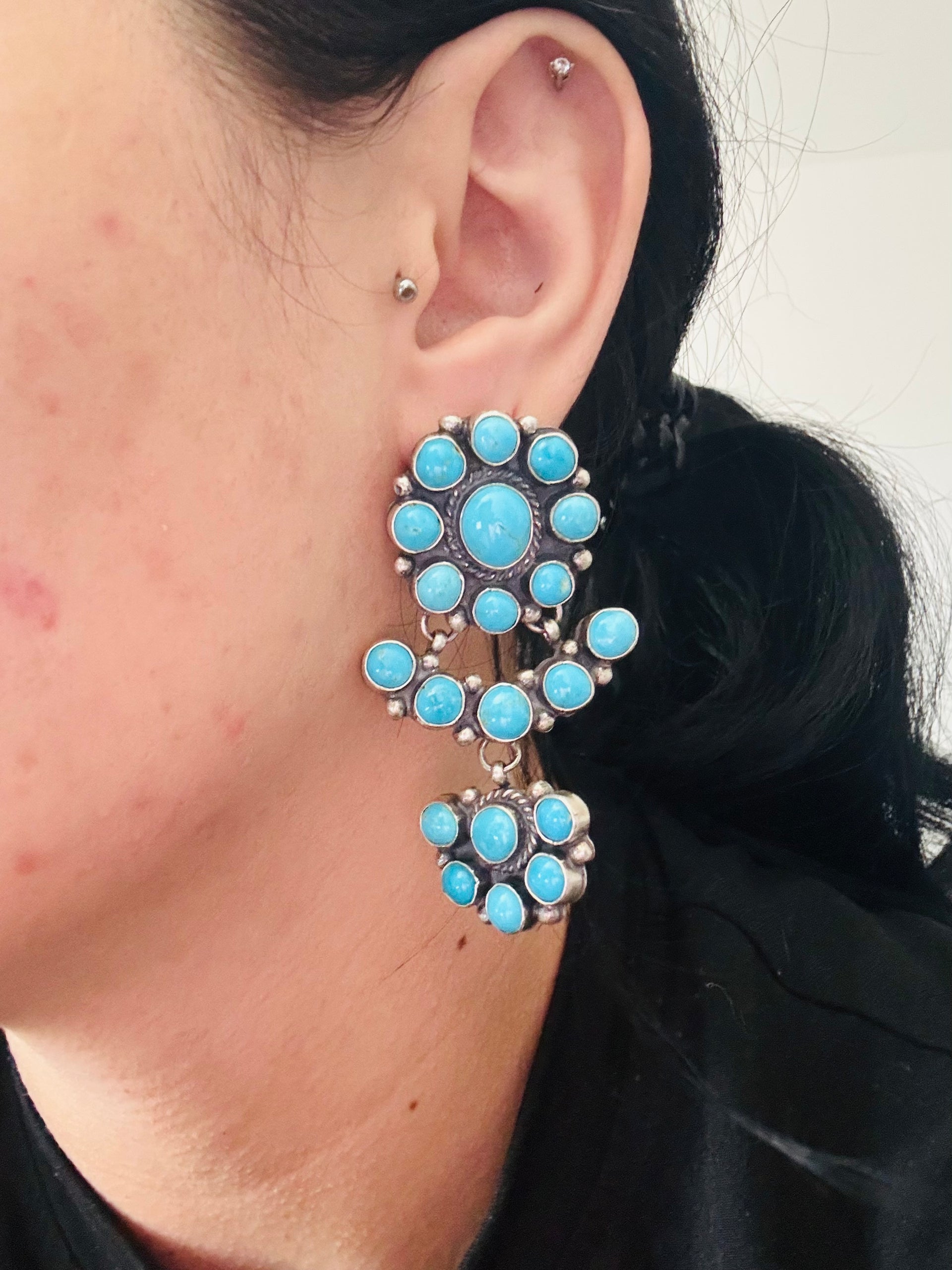 Navajo Made Kingman Turquoise & Sterling Silver Post Dangle Cluster Earrings