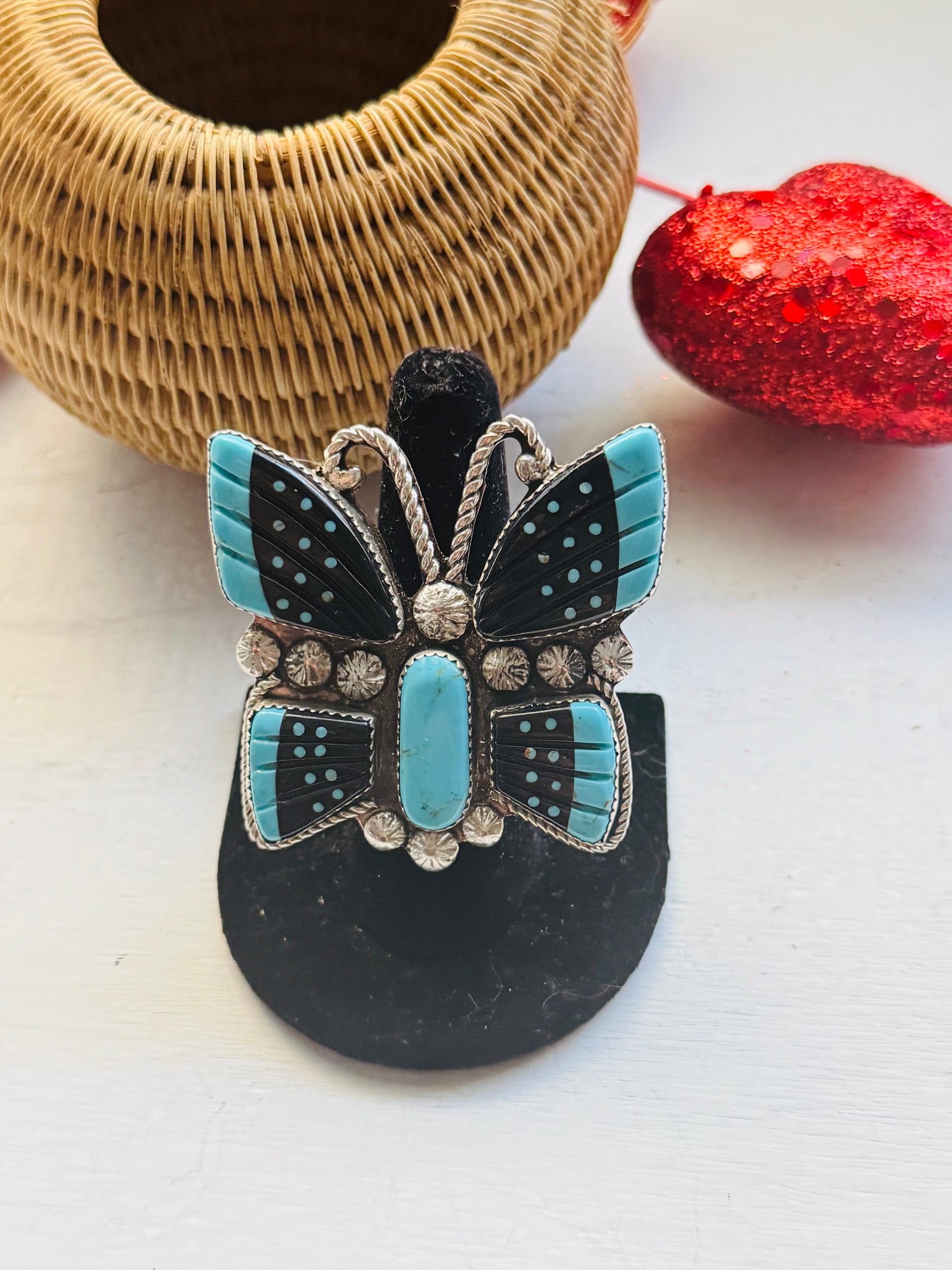 Navajo Made Multi Stone & Sterling Silver Inlay Butterfly Ring Size 8.25