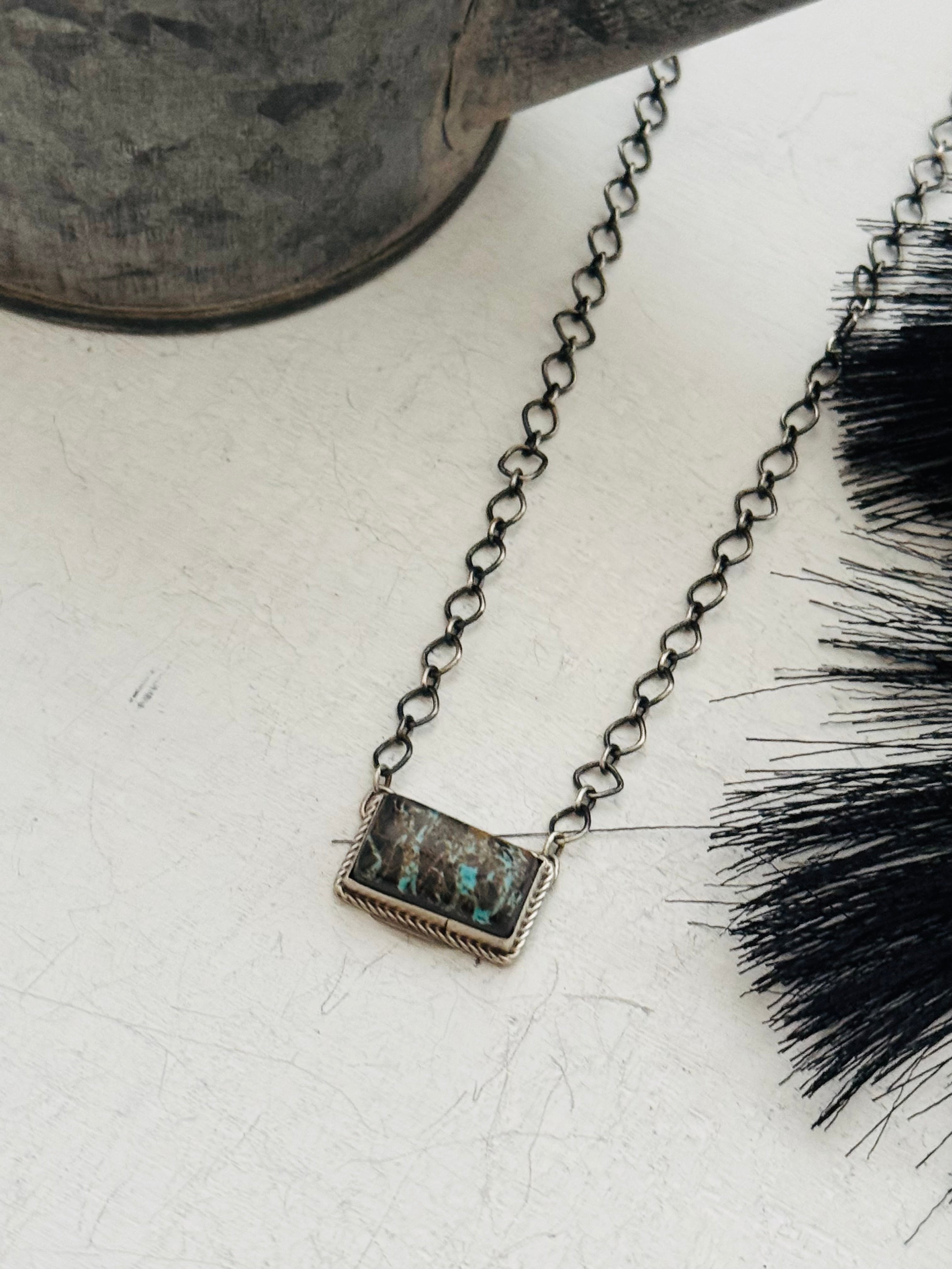 Navajo Made Blue Moon & Sterling Silver Bar Necklace