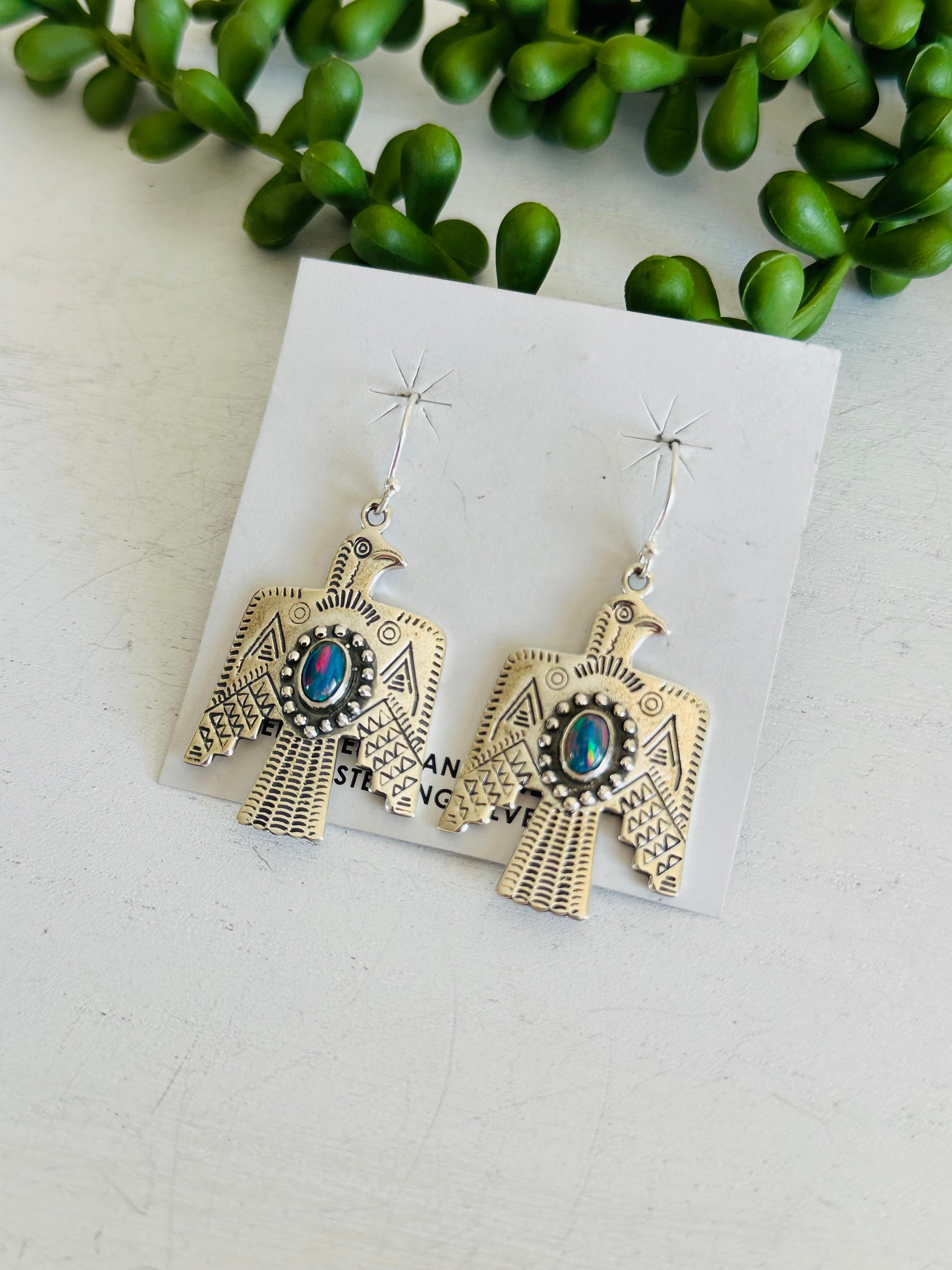 Southwest Handmade Opal & Sterling Silver Dangle Thunderbird Earrings