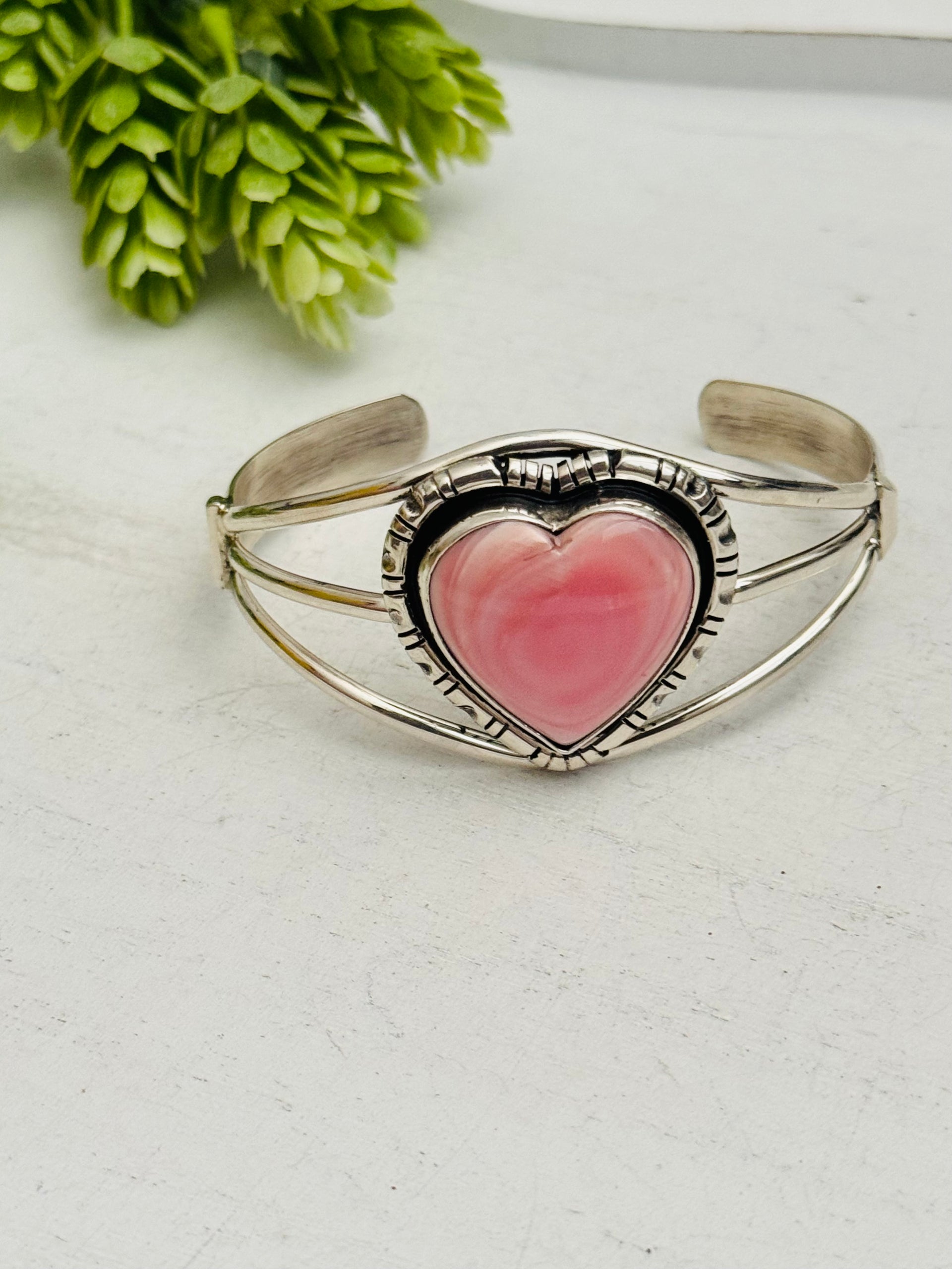 Alex Begay Pink Conch & Sterling Silver Cuff Heart Bracelet