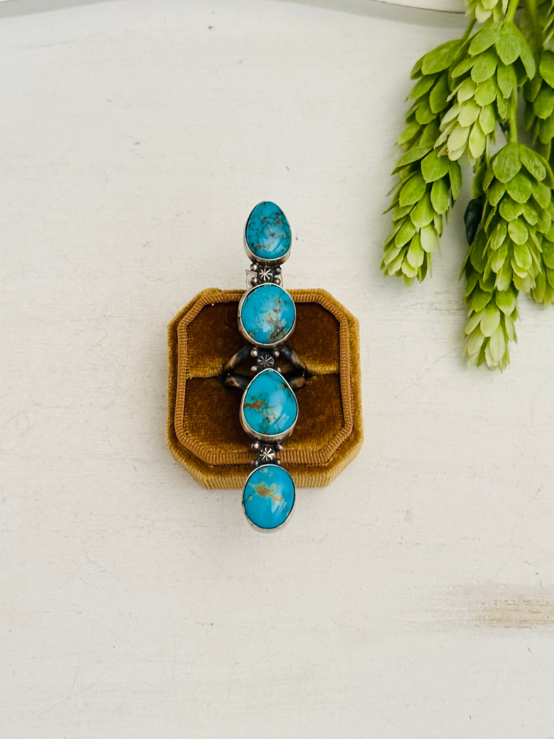 Sheila Becenti Blue Ridge Turquoise & Sterling Silver Cluster Ring Size 7.5