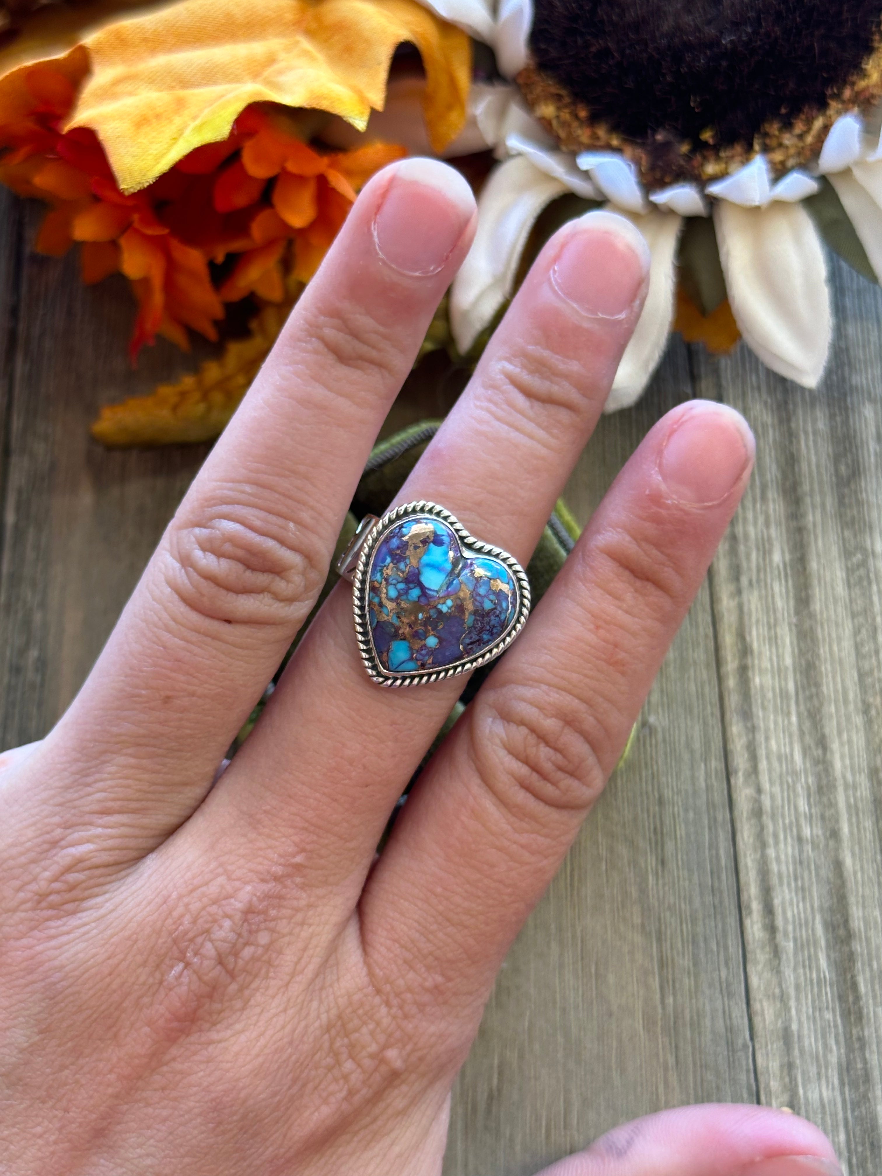 Southwest Handmade Mohave Turquoise & Sterling Silver Adjustable Heart Ring