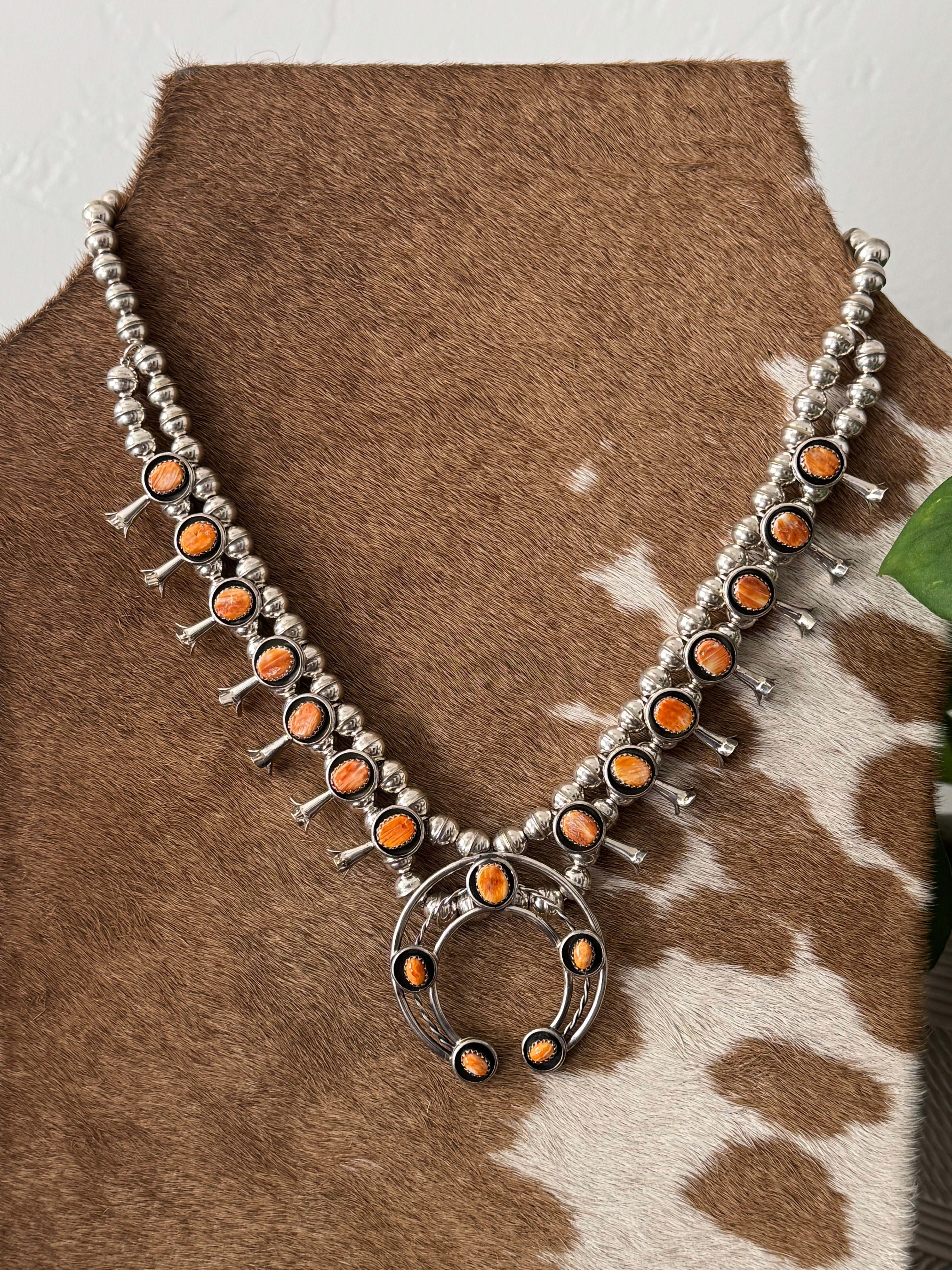 Navajo Made Spiny Oyster & Sterling Silver Squash Blossom Necklace Set