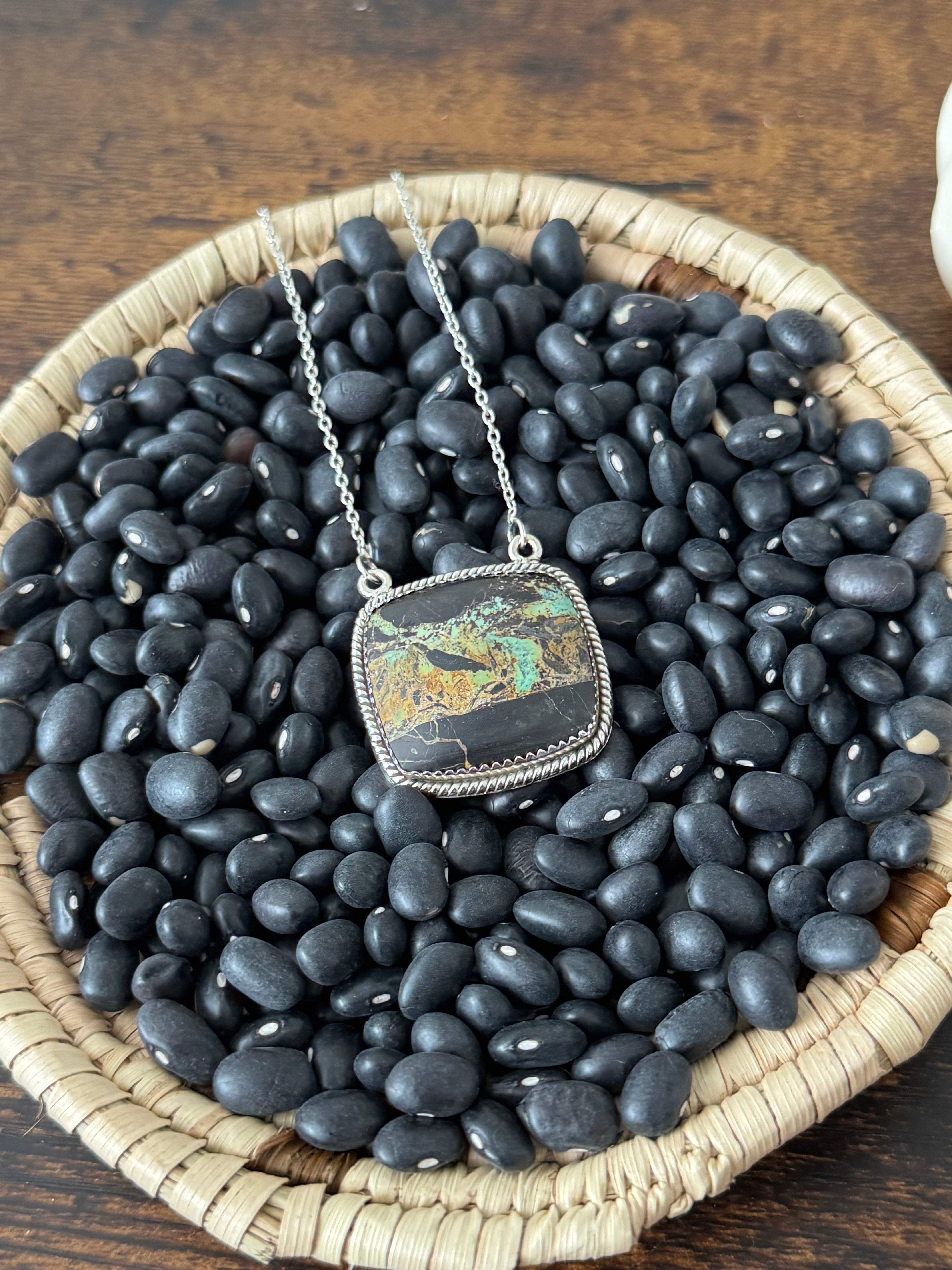 Southwest Handmade Black Jack Turquoise & Sterling Silver Bar Necklace