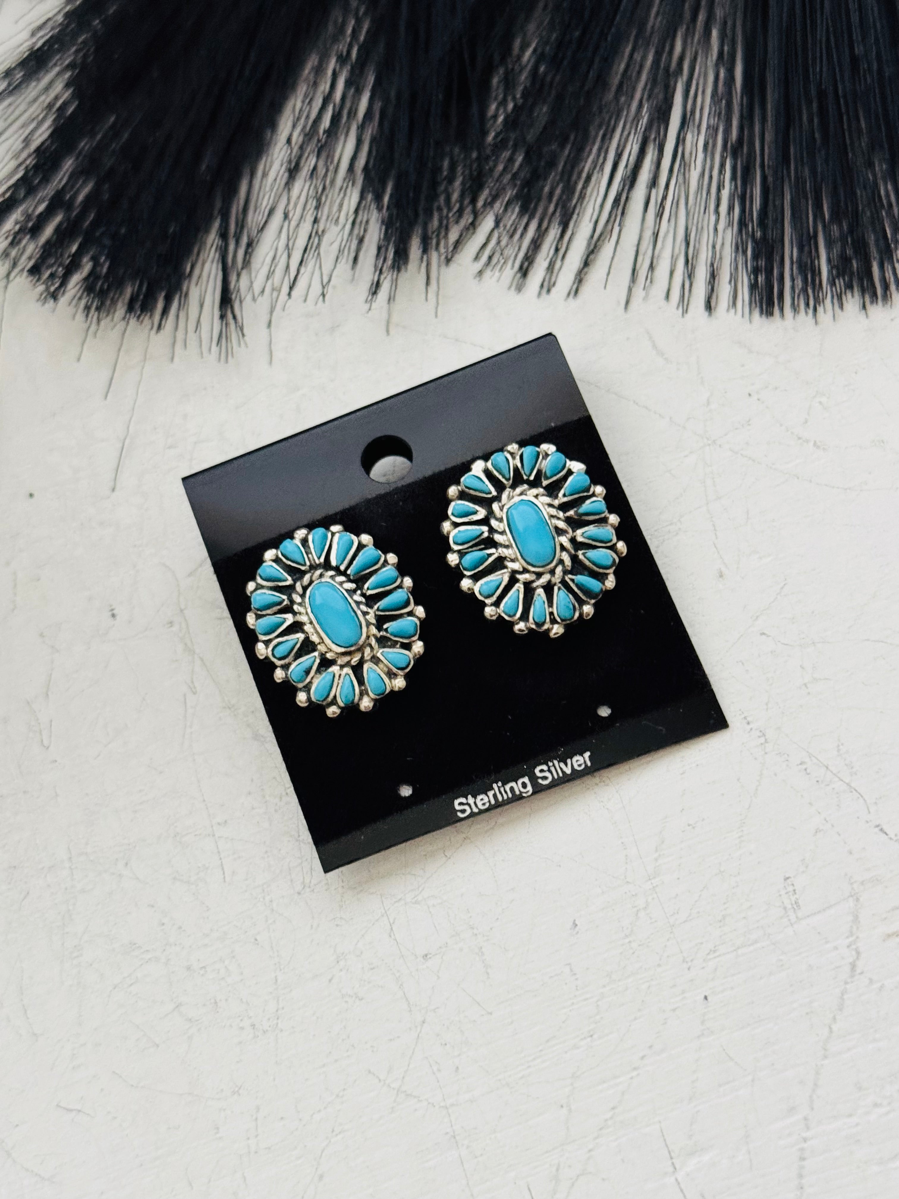 Southwest Handmade Turquoise & Sterling Silver Post Cluster Earrings