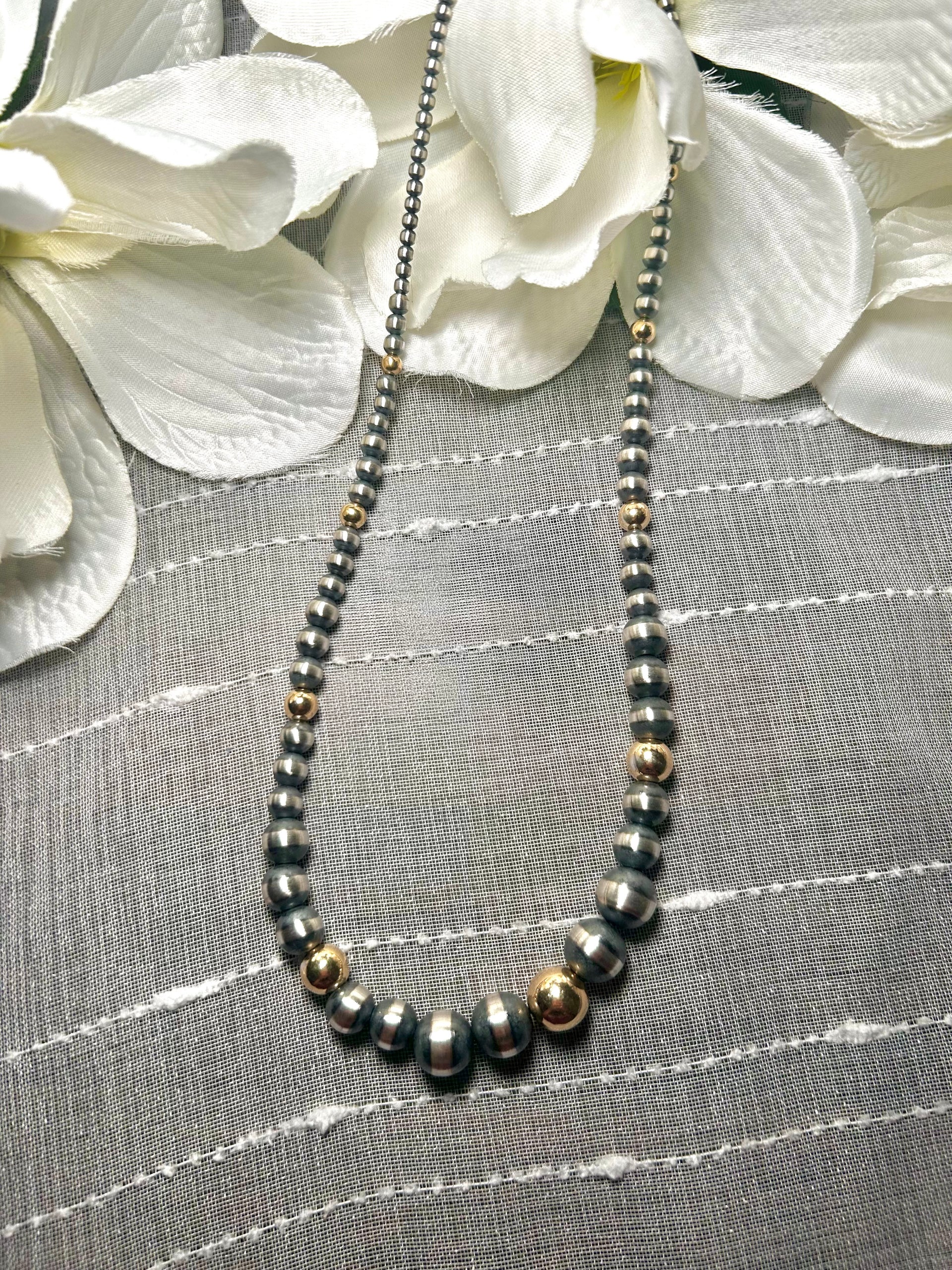 Navajo Made Strung 14K Gold Plate & Sterling Silver Necklace
