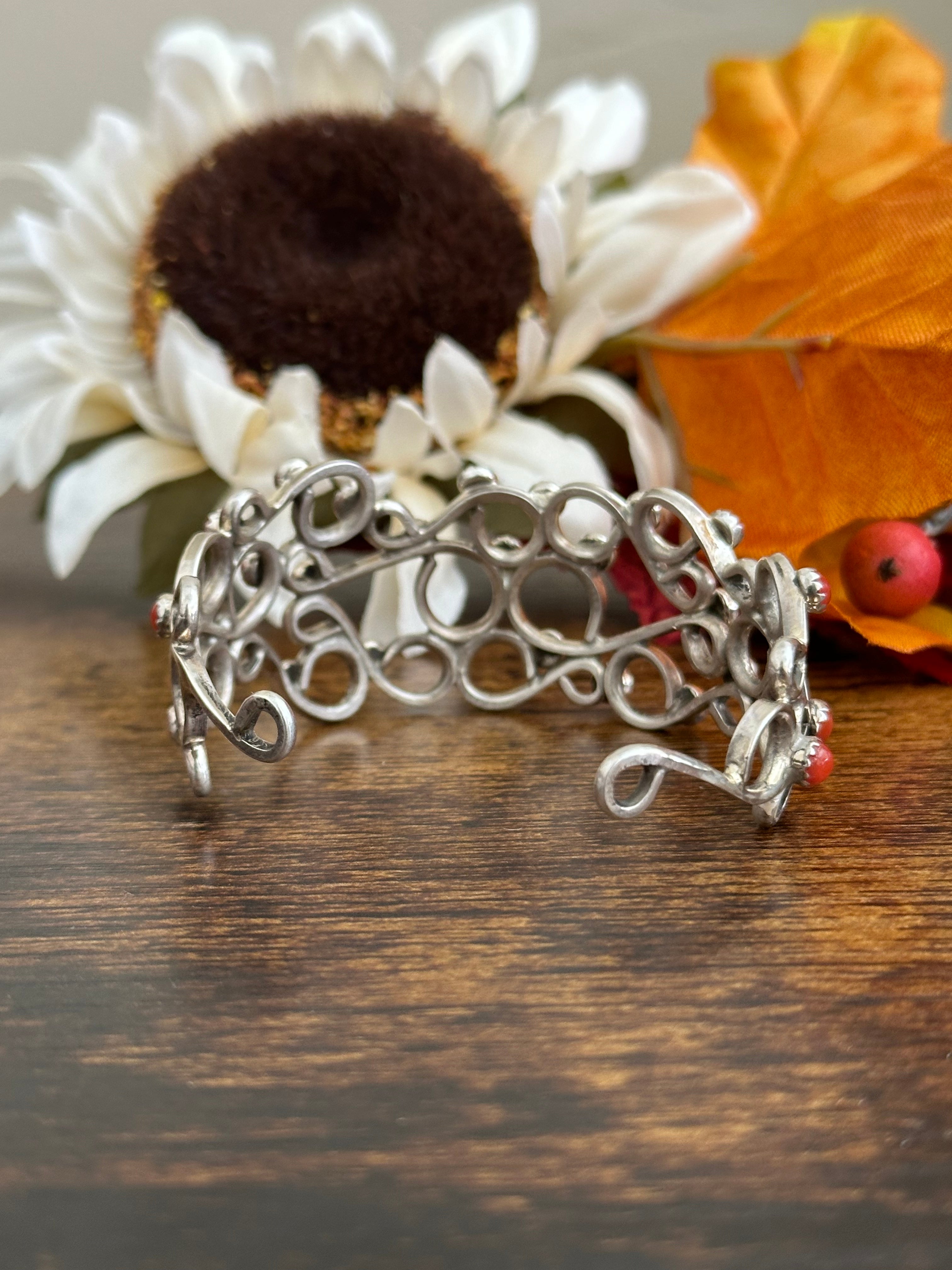 Navajo Made Red Coral & Sterling Silver Cuff Bracelet