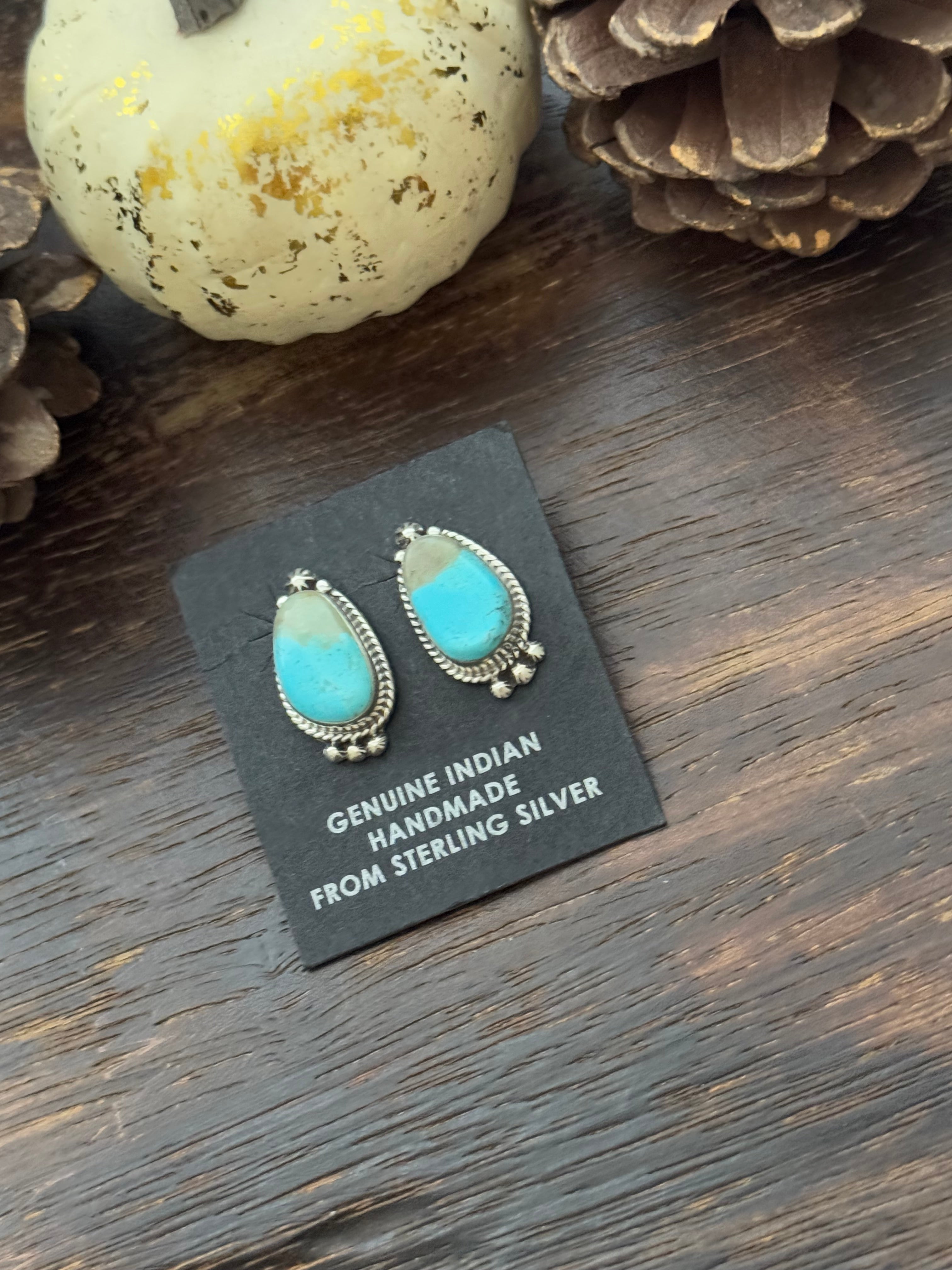 Navajo Made Kingman Turquoise & Sterling Silver Post Earrings