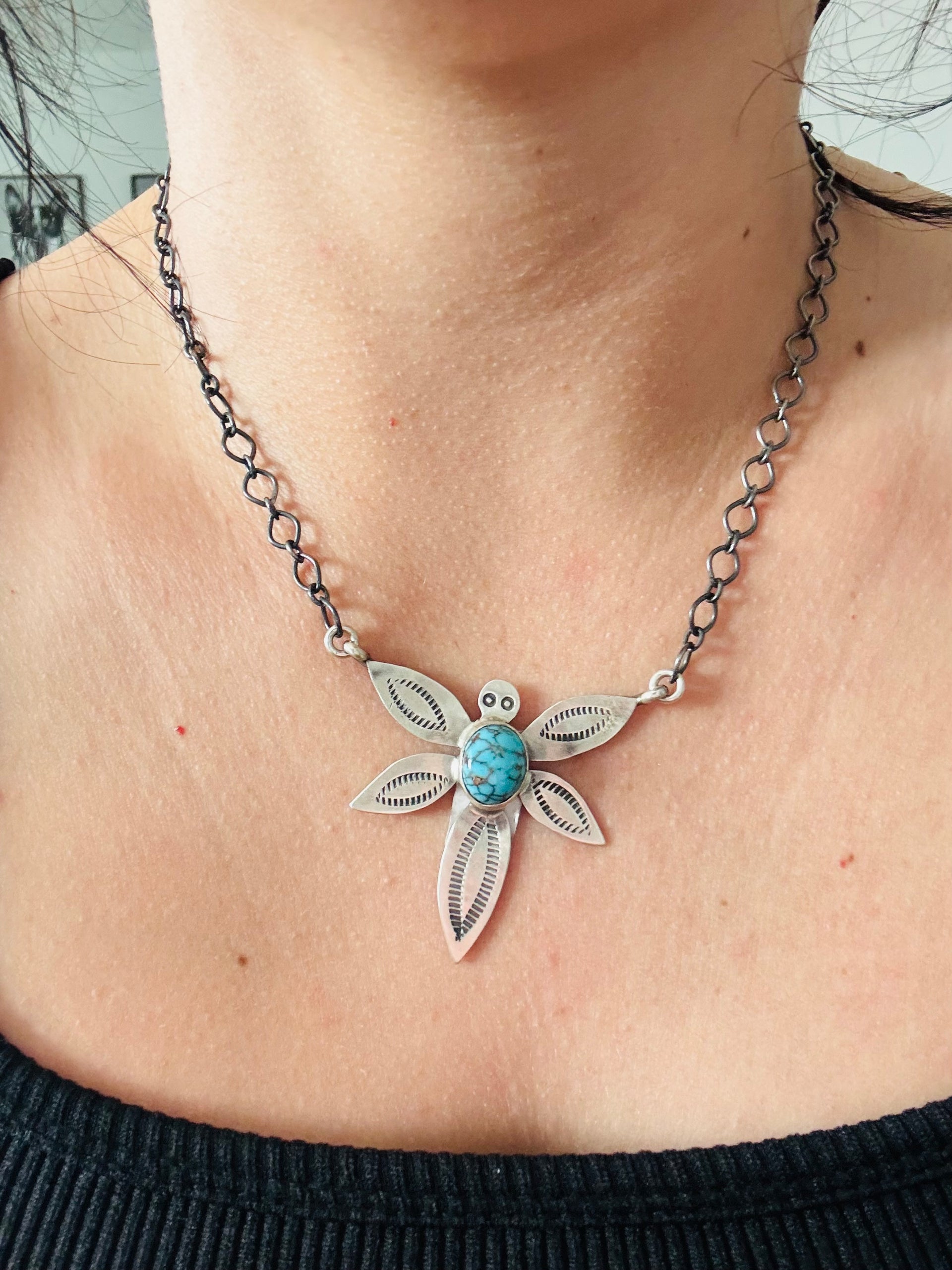 Navajo Made Egyptian Turquoise & Sterling Silver Dragonfly Necklace